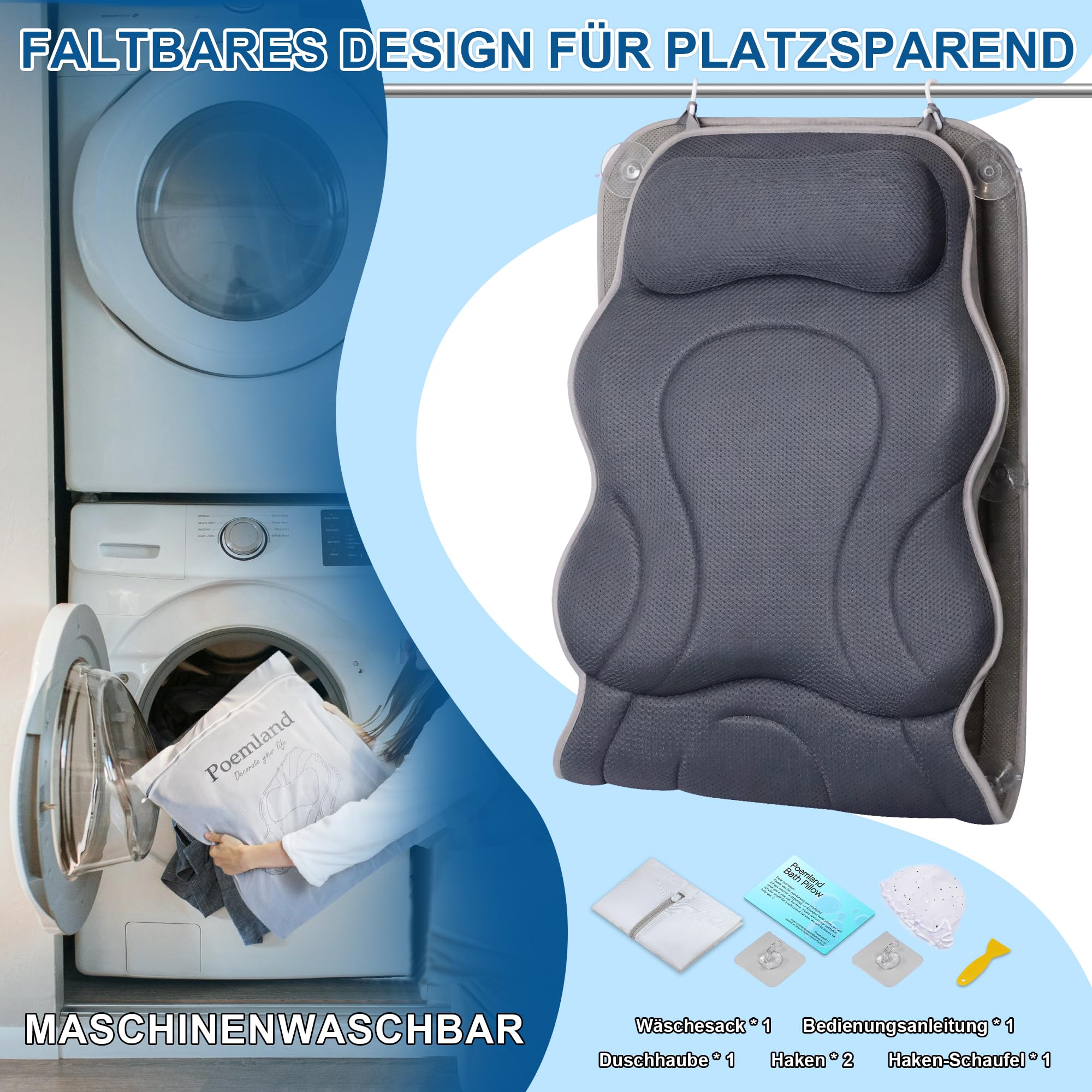Poemland Luxus Dicke, volle Körper Badewannenkissen Mat & Cushion für Badewanne Kopfstütze Hals Schulter unterstützt Comfort Entspannung Spa Accessories