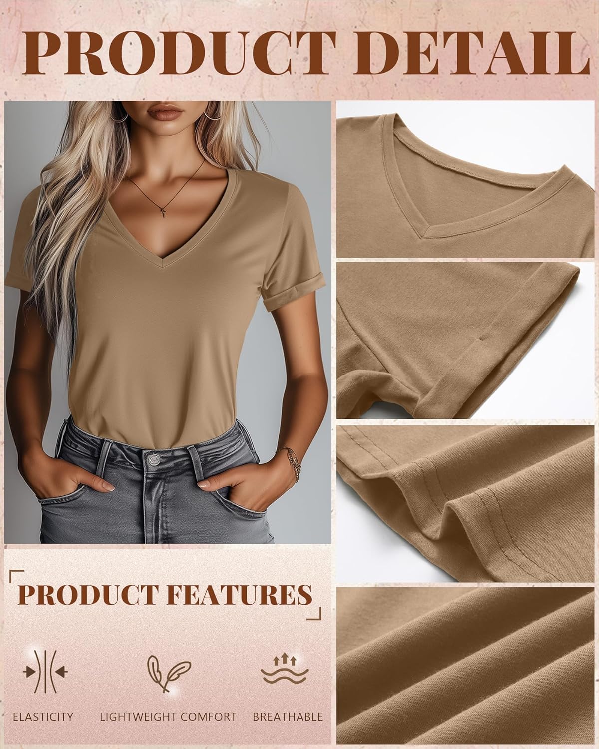 Ficerd 3 Pack Women's V Neck T Shirts, Summer Casual Short Sleeve Tops Loose Fit Rolled Sleeve Tees Trendy Shirts - Image 5