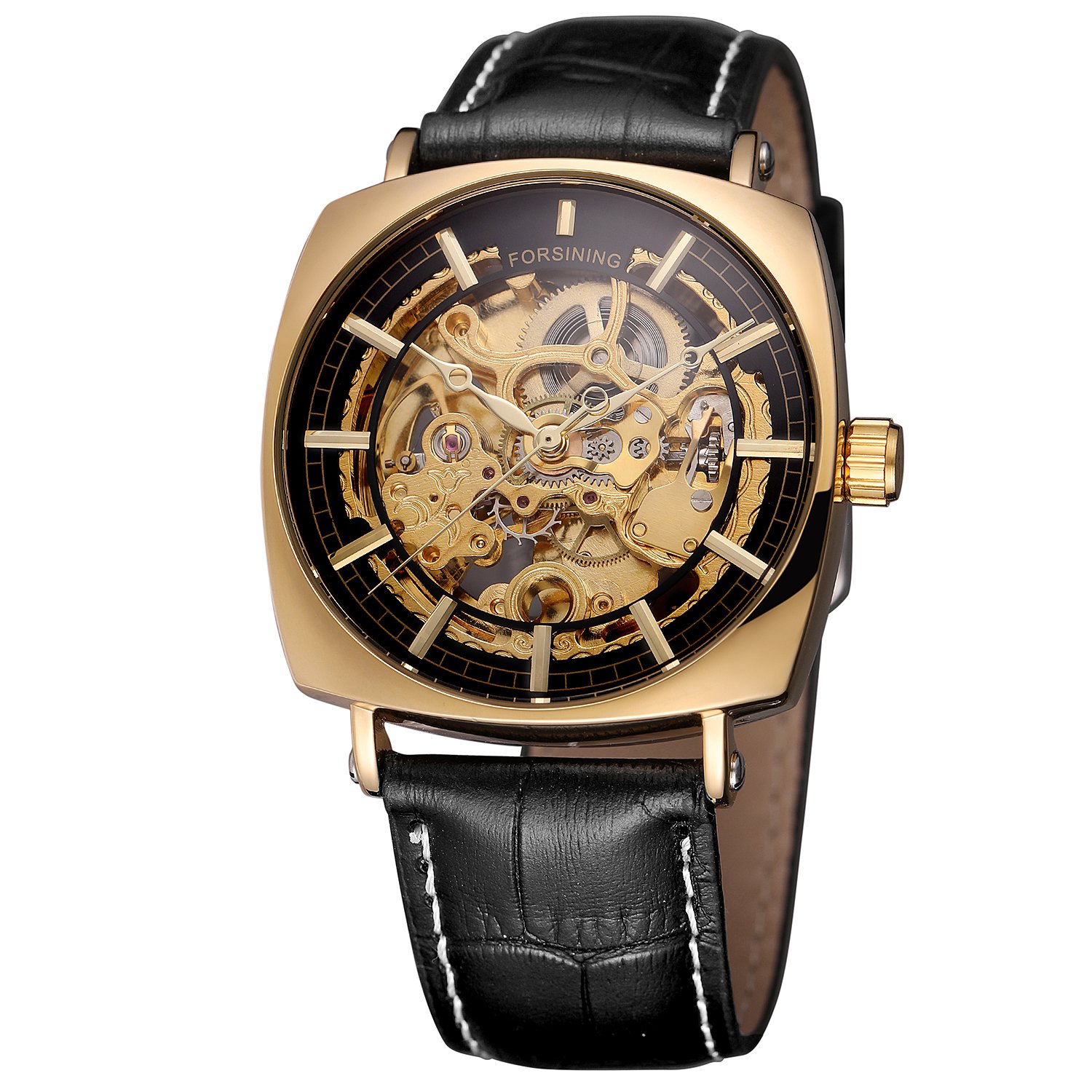 Men's Mechanical Self-winding Skeleton Analogue Dial Trendy Watch with Leather Strap