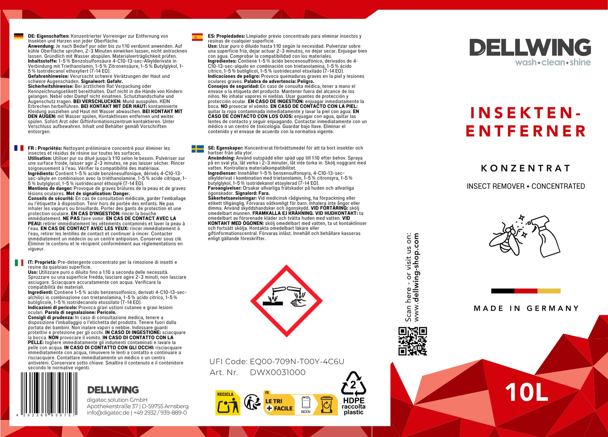 DELLWING Detergente per Insetti concentrato 10 l, rimuovi Insetti per Auto, per Vernice, Vetro e plastica, Ideale per Il pretrattamento Prima del Lavaggio, Made in Germany