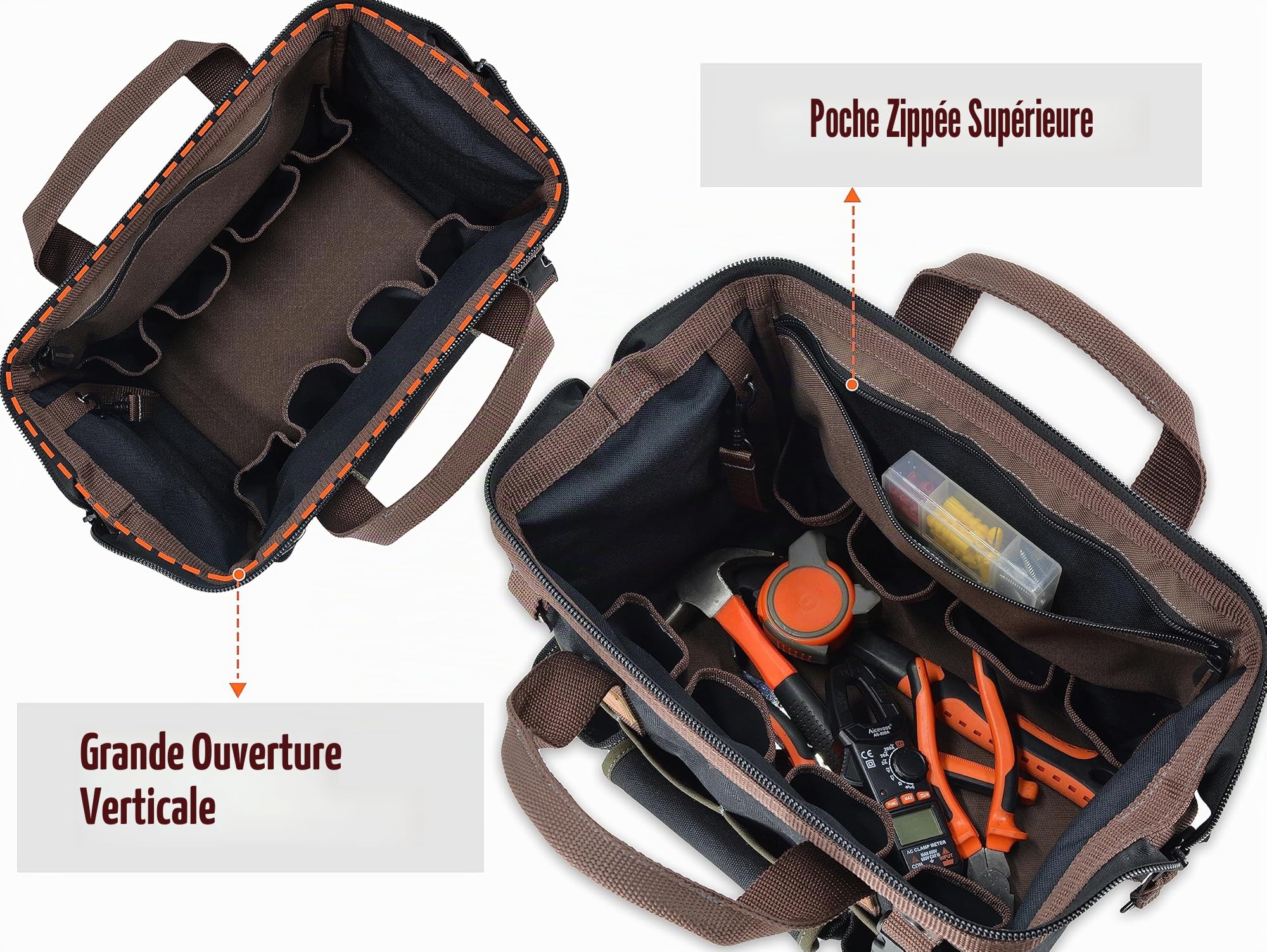 WELKINLAND Sac à outils en toile à 30 poches, 35,6 cm de sacs cirés robustes, sac fourre-tout pour outils, électricien de ligne pour électriciens, sac à outils pour hommes de service en noir/brun
