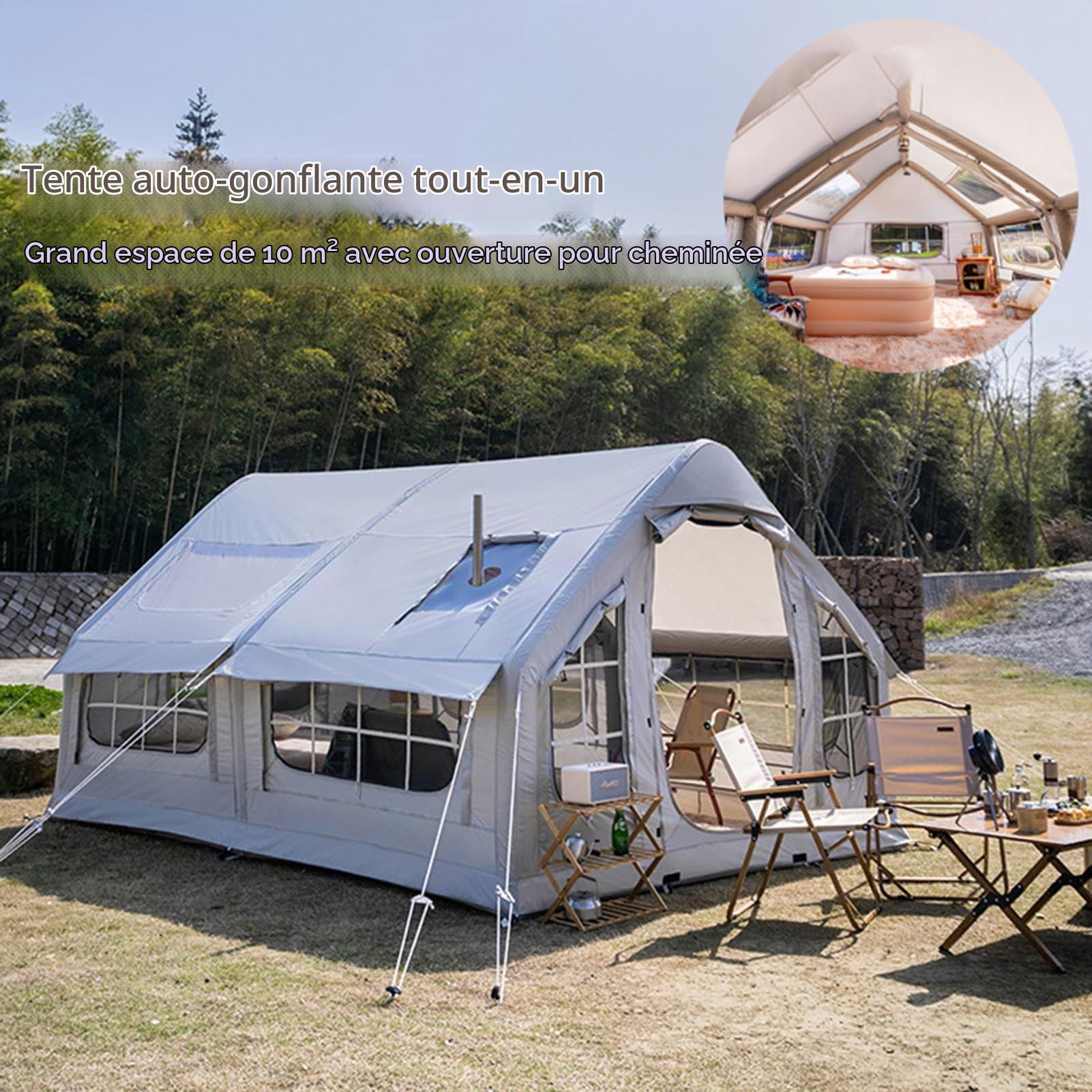 Tente De Camping Gonflable avec Ouverture De Cheminée, Tente Gonflable, Grande Tentes Extérieure Imperméables avec Pompe À Air pour 6-8 Personnes, Tentes Camping Familiale, Protection UPF 50+