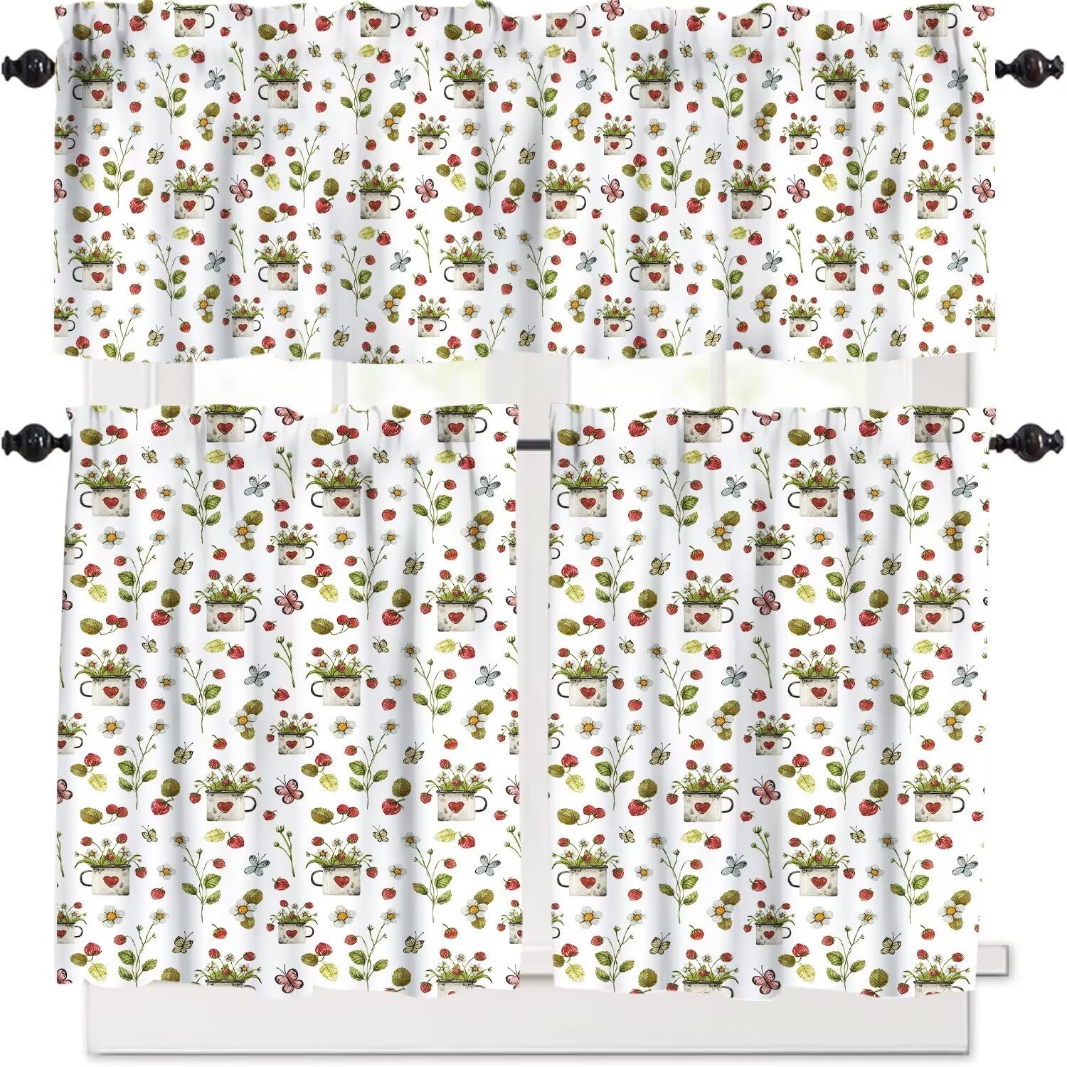 FengMingRui Retro Boho Strawberries Window Valance Vintage Bohemia Fruit Floral Plant Curtain Valance Kitchen Bedroom Decor with Rod Pocket 54''x18''+