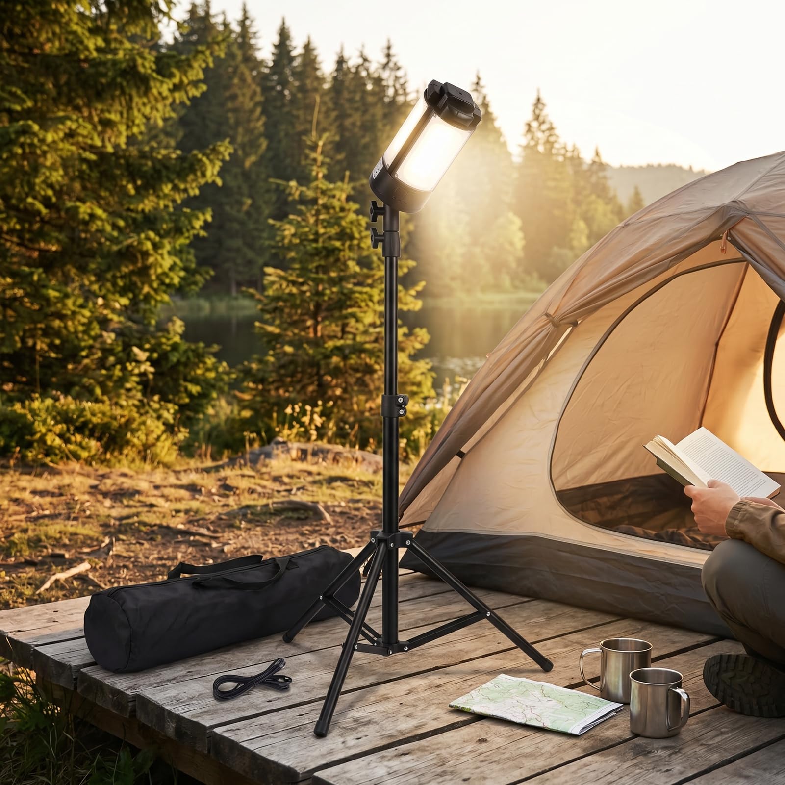 Luocute Luce da Campeggio Ricaricabile con Supporto, 4 Pannelli LED Regolabili 4100LM 6000K Lanterna Portatile Dimmerabile, con Base Magnetica Treppiede per Tenda da Campeggio di Emergenza
