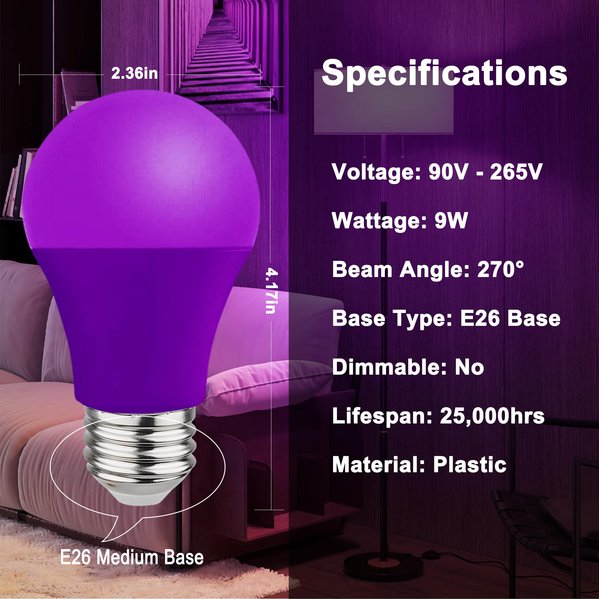 U4GLORY Purple LED Light Bulbs - 9W(60W Equivalent) Soft Violet
