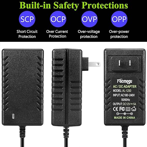 Miniatura 4 de Facmogu Adaptador de fuente de alimentación de 12 V 5 A, adaptador de pared con cable de 59.1 in4.92 pies de largo, transformadores de enchufe de