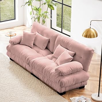 94.4 Loveseat Sofa, 2 Seater Modular Sectional Sofa, Pink Large Sectional Fluffy Couch Set, Chenille Cloud Couch with 4 Pillows, Deep Seat Sofas for Living Room