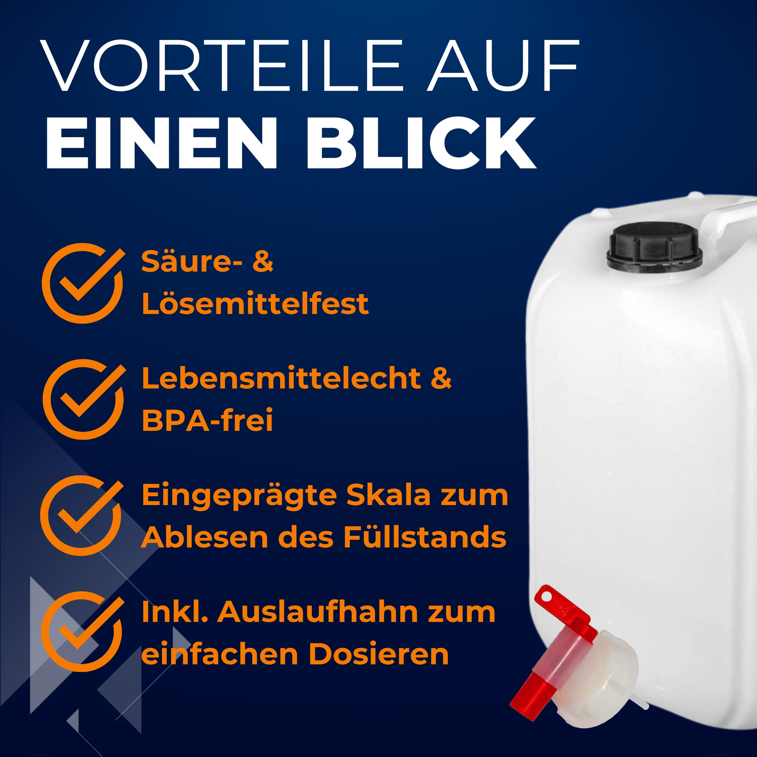 ABACUS® 2X 25 Liter Wasserkanister Natur | Chemiekanister | Auslaufhahn und Deckel (DIN 61) | Lebensmittelecht | Indoor und Outdoor | BPA Frei | Säurefest | Mit Skala zum Ablesen des Füllstands