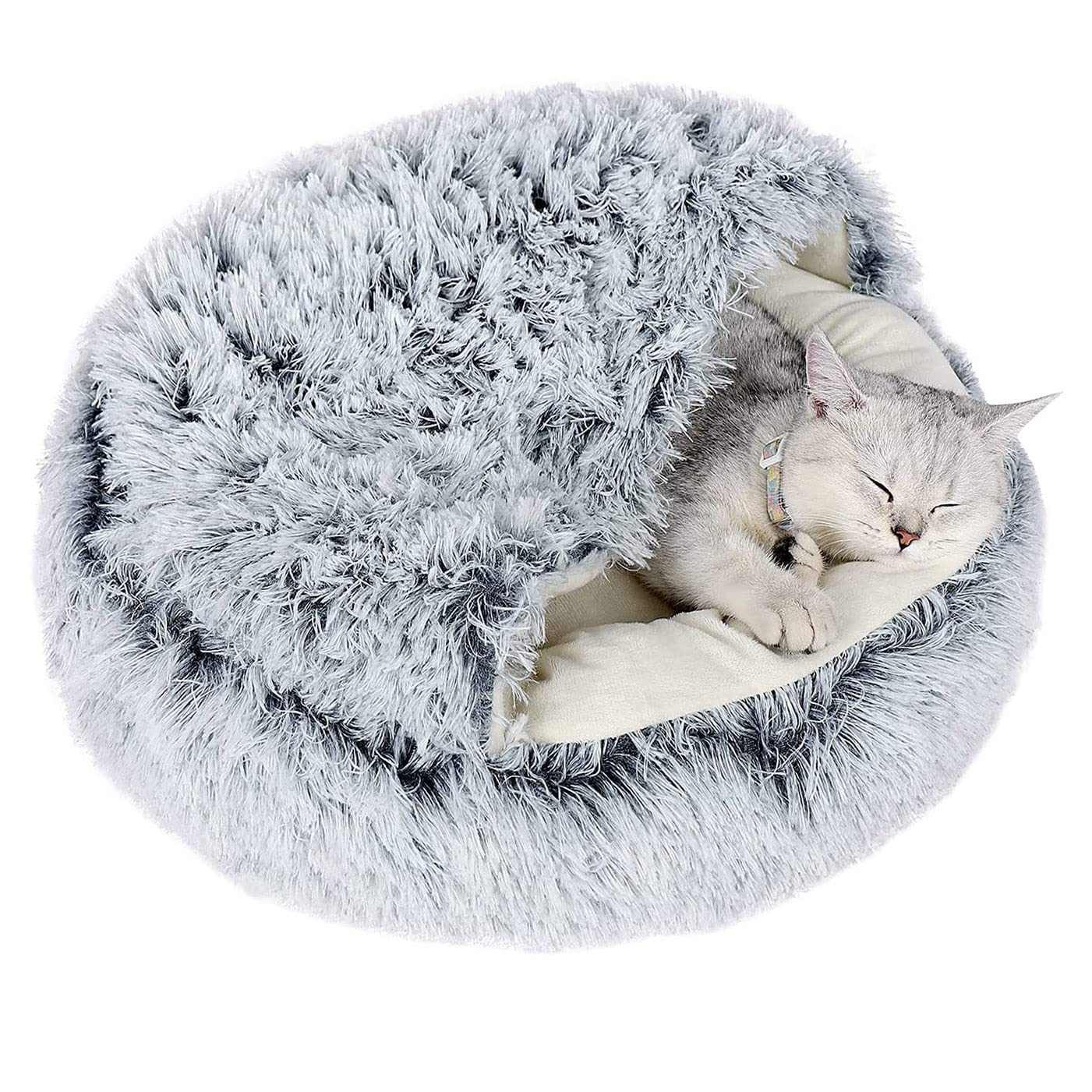 qing yun Cat Cave Bed,Fluffy Cat Hideaway Sleeping Bag,Cozy Plush Warm Pet Dog Cave Bed Anxiety Relief Cat Igloo Bed for Indoor Cats (40cm,Grey)