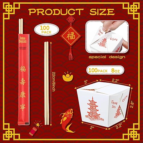 Miniatura 2 de Cajas de comida chinas de 8 onzas con palillos, recipientes de papel de pagoda con palillos desechables con mangas y separados para decoraciones de