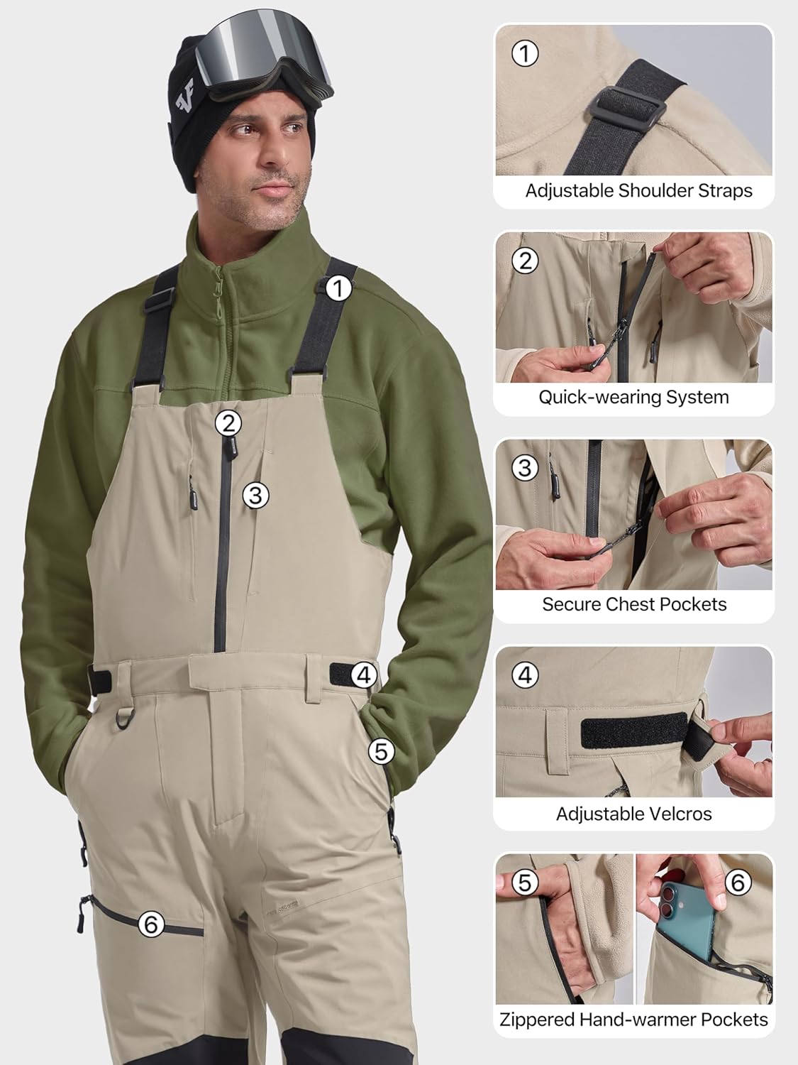 FREE SOLDIER Men's Ski Bibs Snow Insulated Waterproof Winter Overalls Ripstop Snowboarding Pants