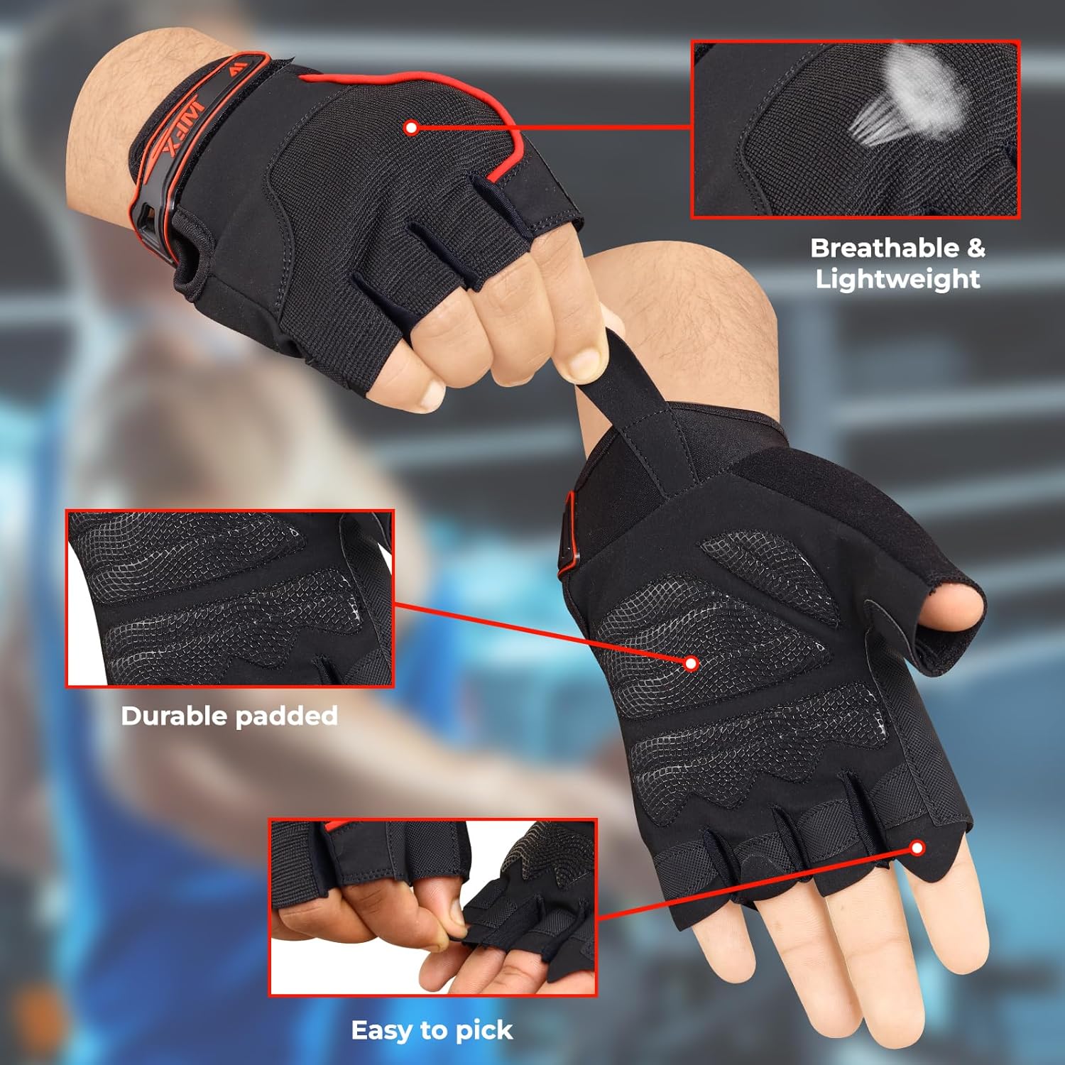 WFX Weight Lifting Gloves Fitness Wrist Wrap Support Workout Anti Slip Padded Palm Protection Gym Gloves Training Equipment Half Finger Weight Gloves for Men Women Exercise 5
