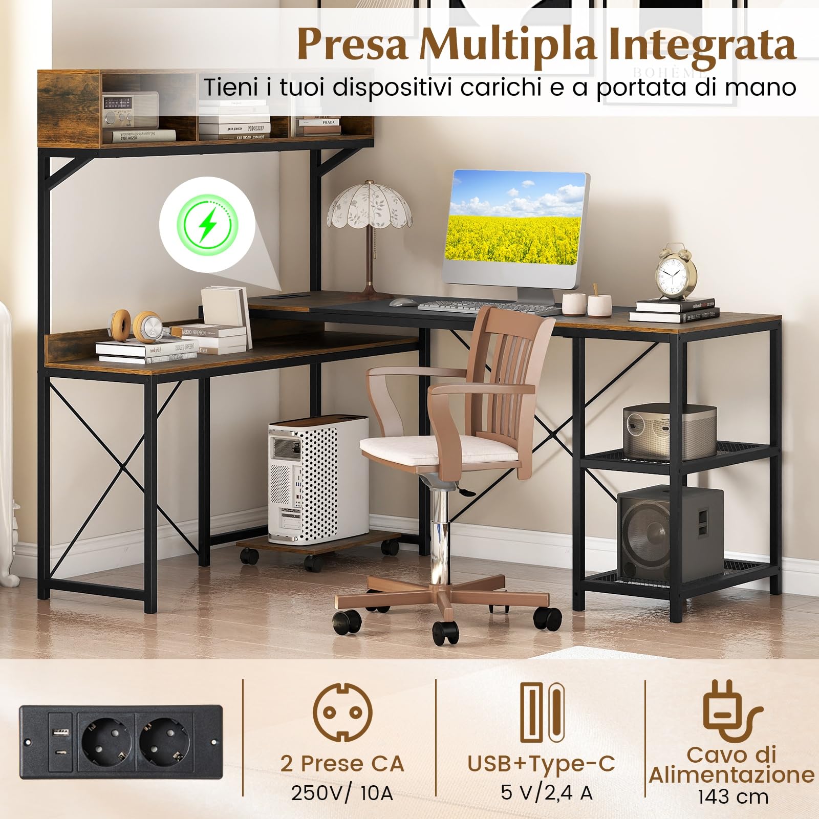 COSTWAY Scrivania Angolare con Stazione di Ricarica, Scrivania ad Angolo Salvaspazio con Scomparti, Ripiani e Supporto CPU Mobile, Postazione di Lavoro Gaming Reversibile per Casa e Ufficio