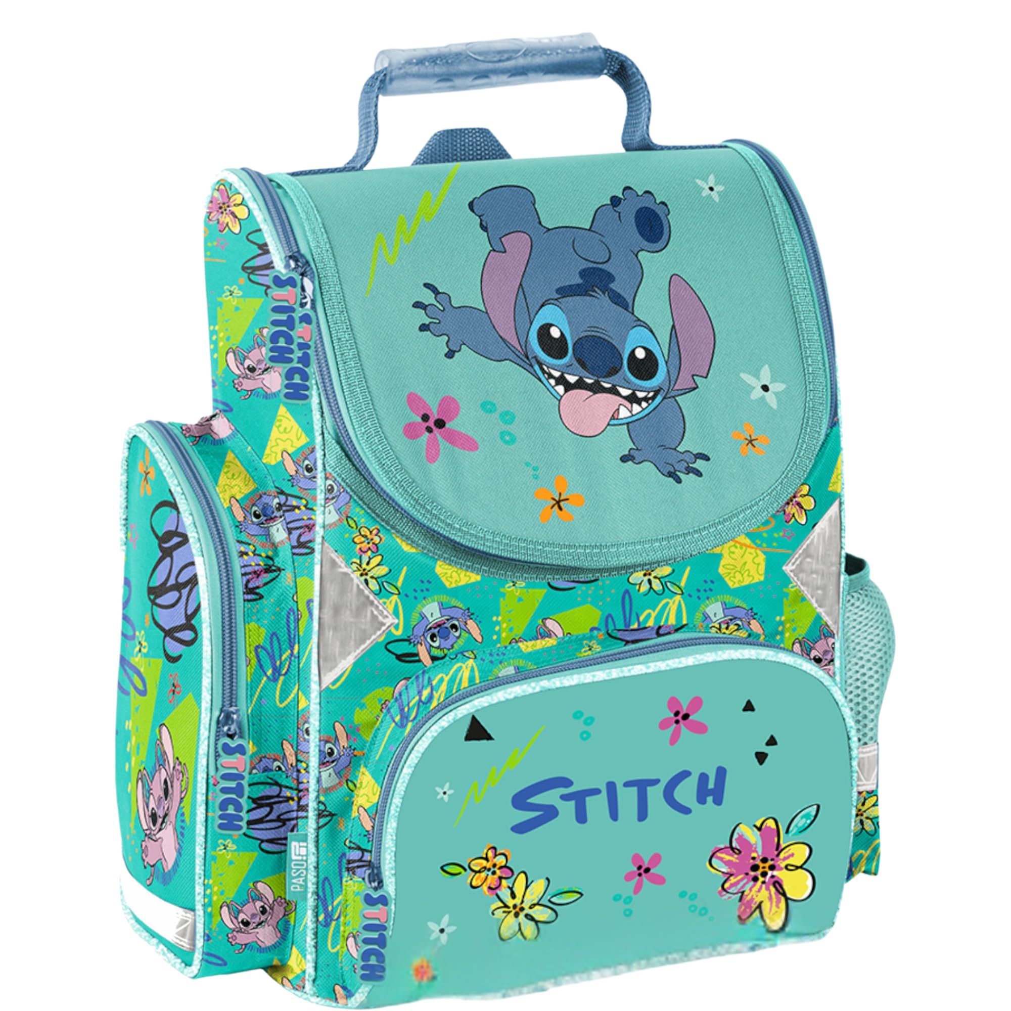 PASO- Schulranzen für Jungen und Mädchen, 3/5/7/14er-Set - Schul-Rucksack für Kinder mit Federmäppchen - Schuhbeutel - Stitch Motiv- 1-3 Klasse