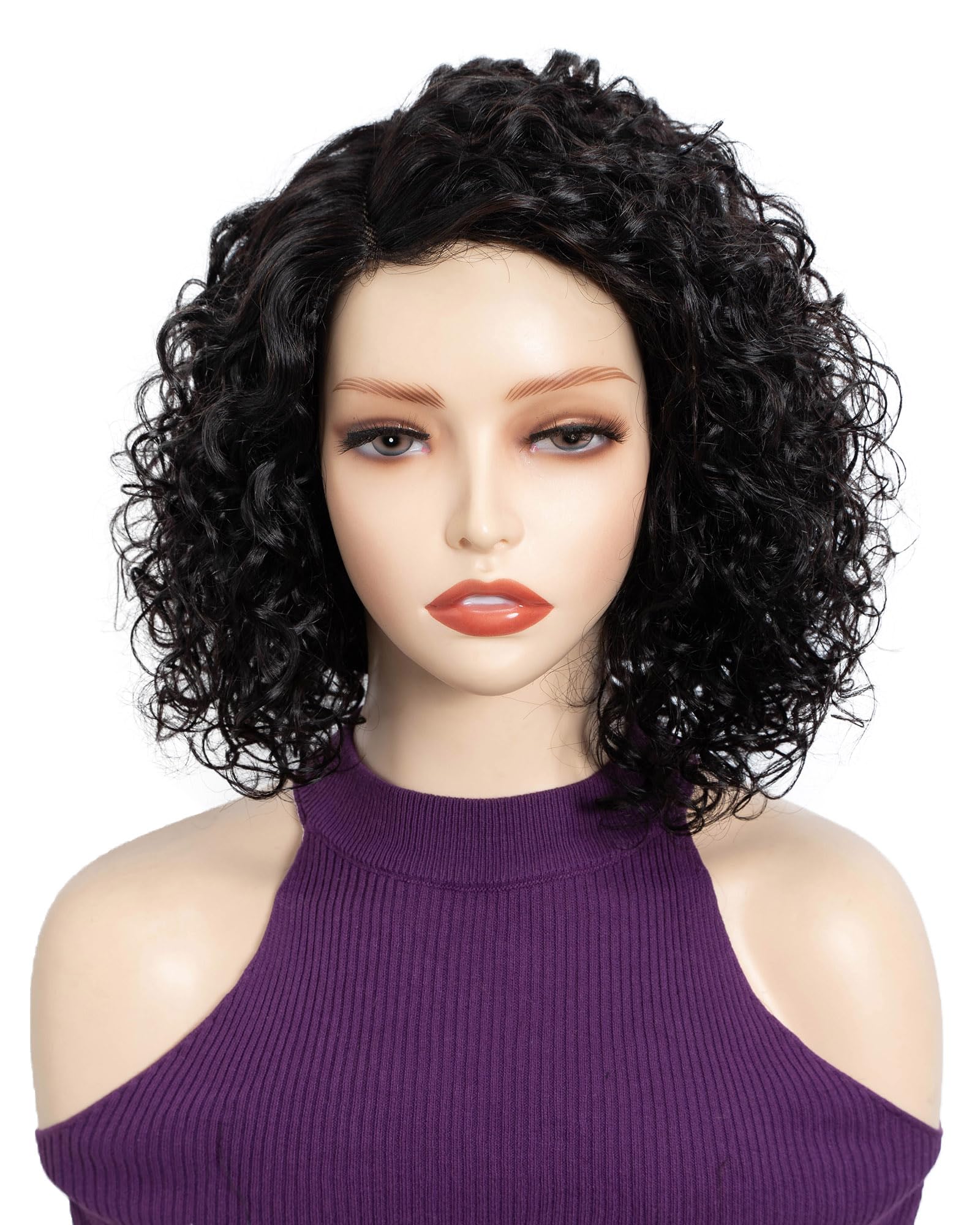 FASHION IDOL Parrucche corte di capelli umani ricci per donne che indossano e andano Deep Wave pizzo anteriore parrucca C parte 12" parrucca Pre spennato con capelli del bambino nero naturale densità