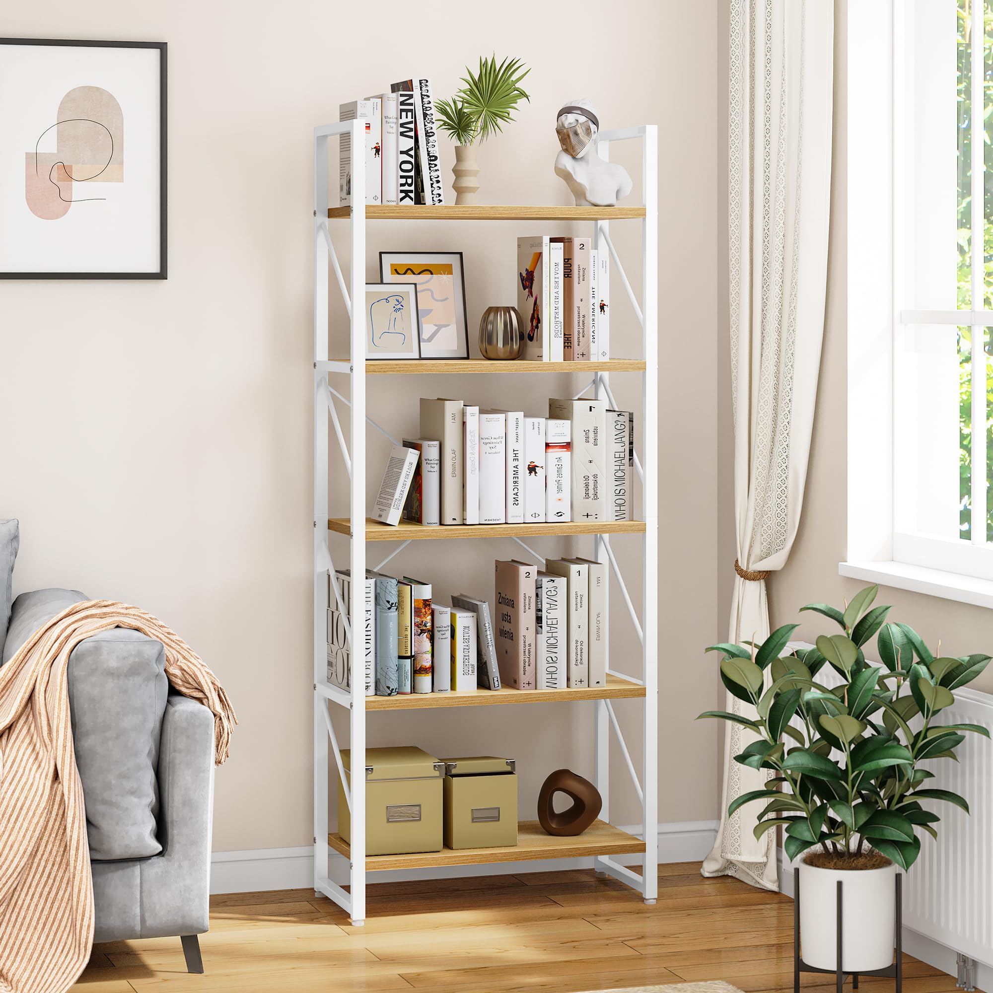 YITAHOME Bookcase 5 Tiers, Floor Standing Book Shelf, Wooden Shelf and ...