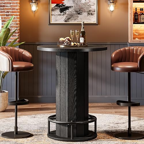 Tribesigns Round Bar Table, 39.4" H Wood Bistro Pub Table with Metal Ring Footrest for Dining Coffee Cocktail Living Room, Small Space, Black(Only Table)