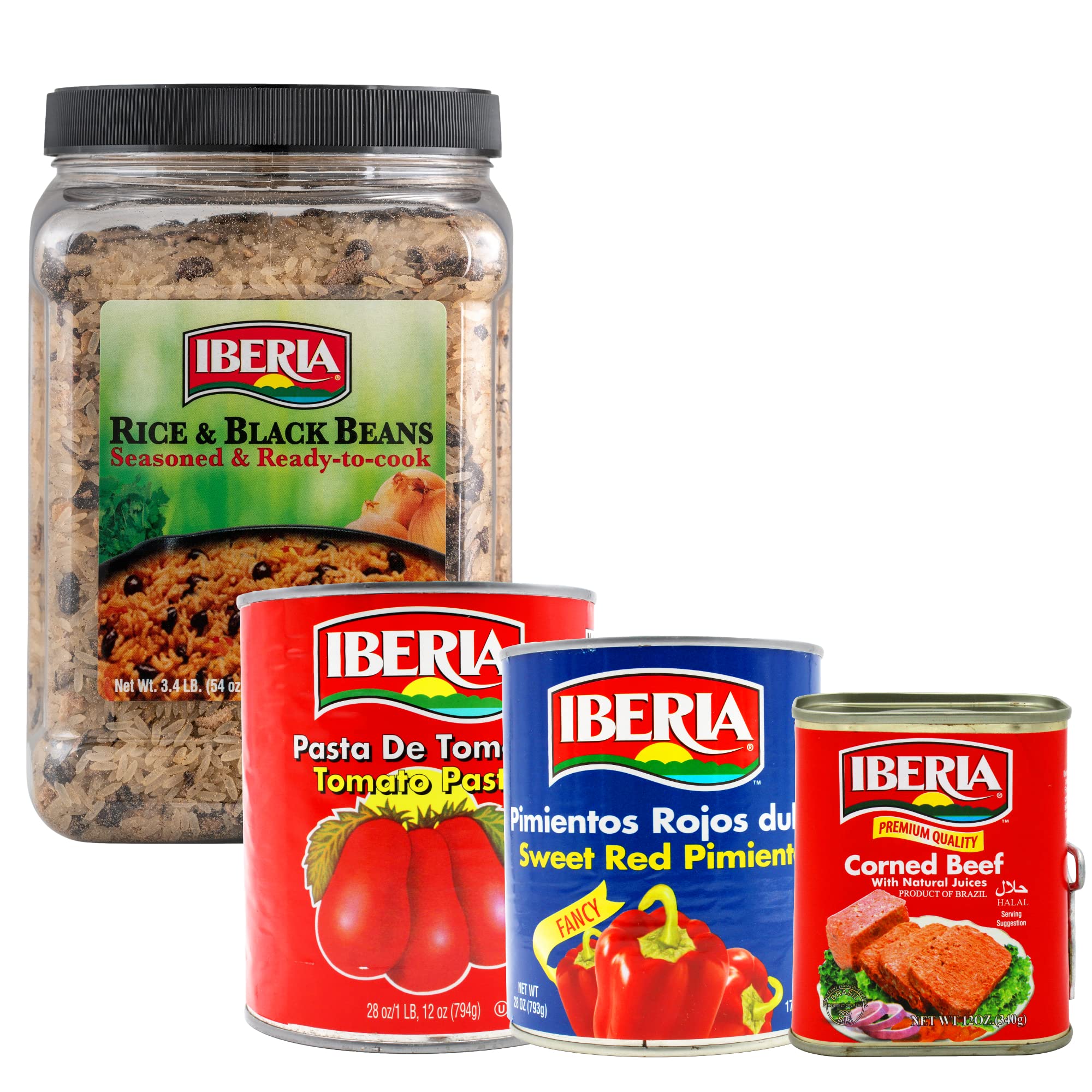 Iberia Sweet Red Pimientos 27.5 Ounce + Iberia Tomato Paste, 28 oz + Iberia Corned Beef 12 oz + + Ib