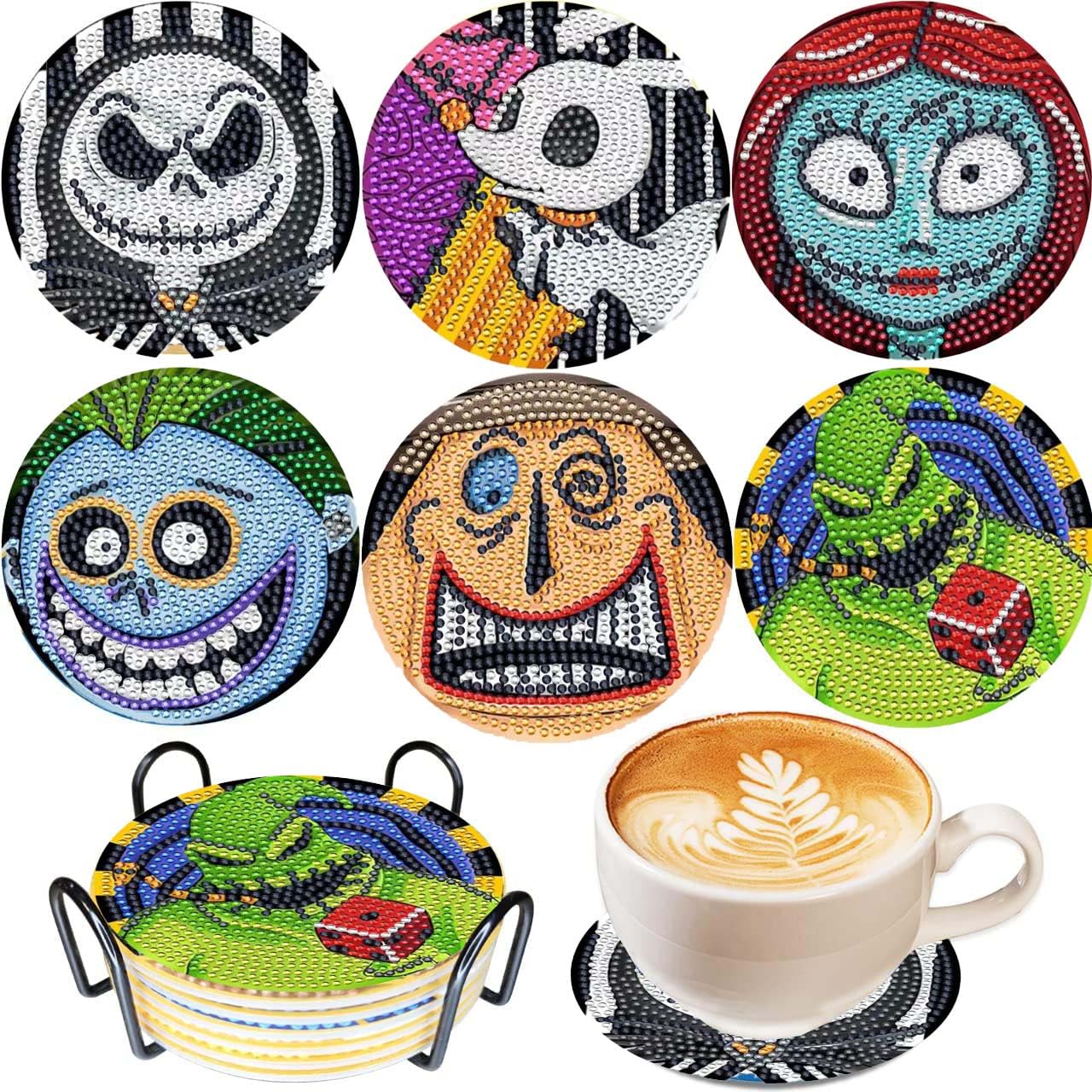6 Pcs 5D DIY Christmas Cartoon Diamond Art Coasters with Holder for Adults Beginners,Round Full Drill Diamond Coasters for Xmas Party Decoration and