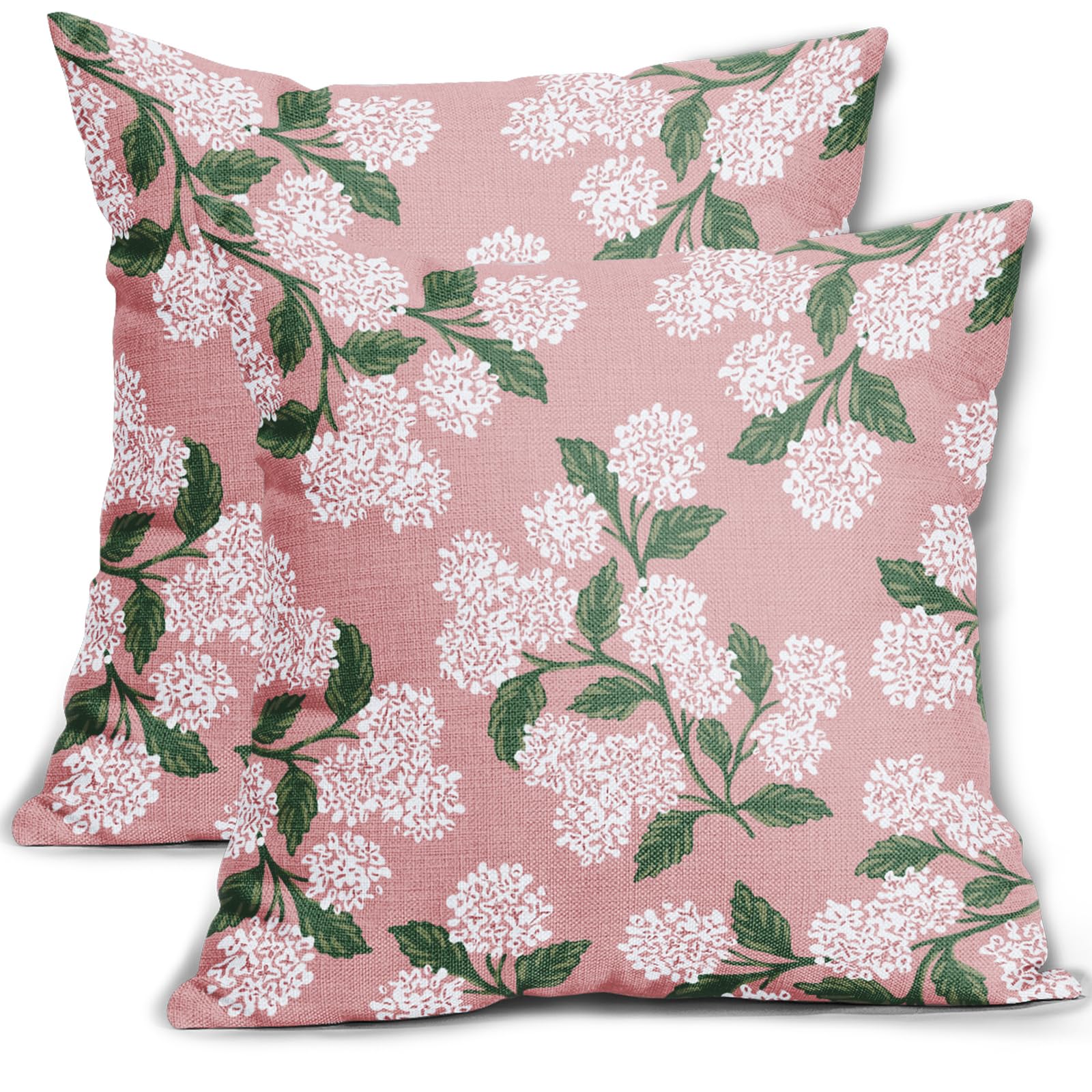 Light Pink Green White Hydrangea Pillow Covers 18x18 Set of 2 Floral Leaves Print Decorative Throw Pillowcases Outdoor Rustic Flower Farmhouse Spring