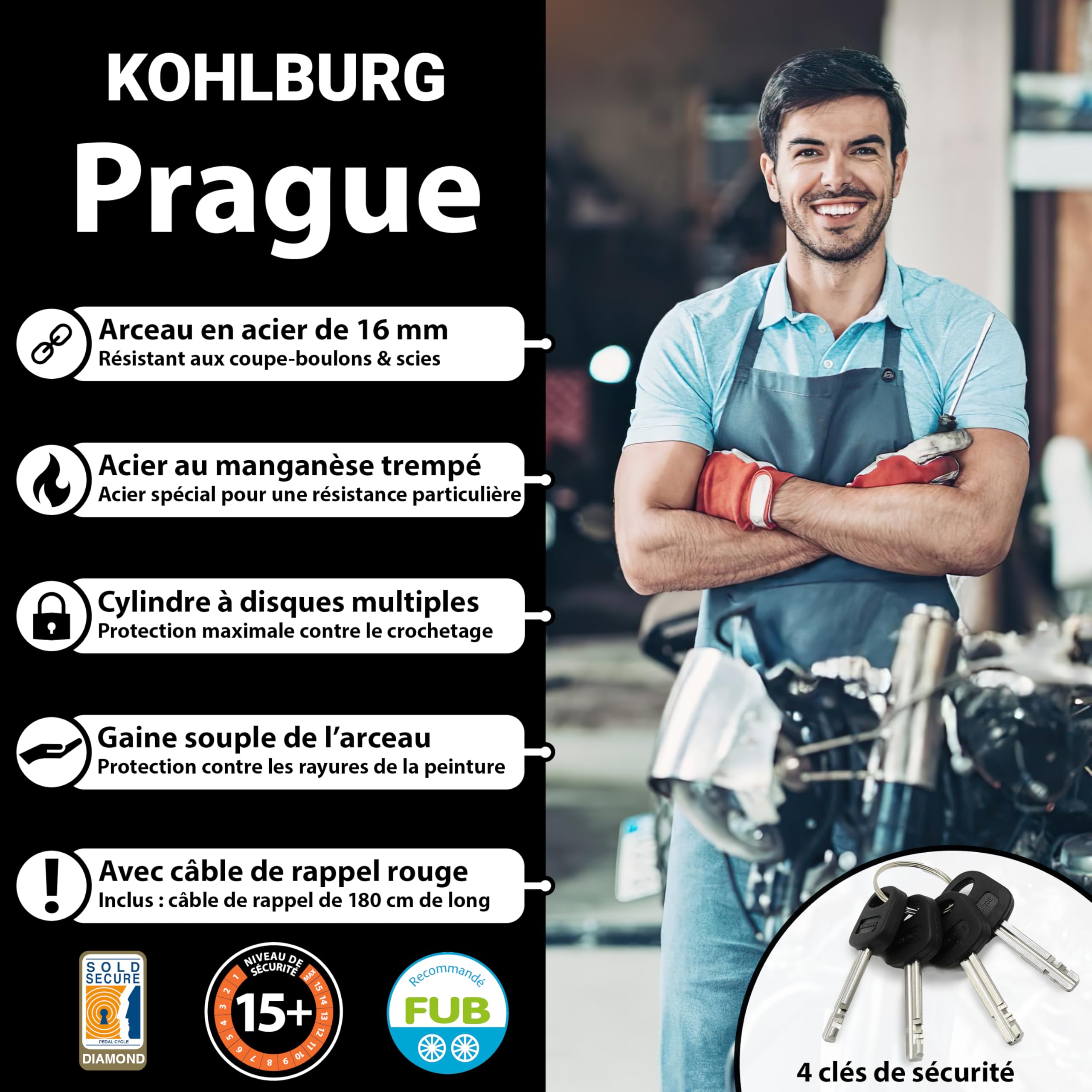 KOHLBURG Antivol Moto Sûr, Bloque-Disque 16 mm, FUB 2 Roues, haute sécurité