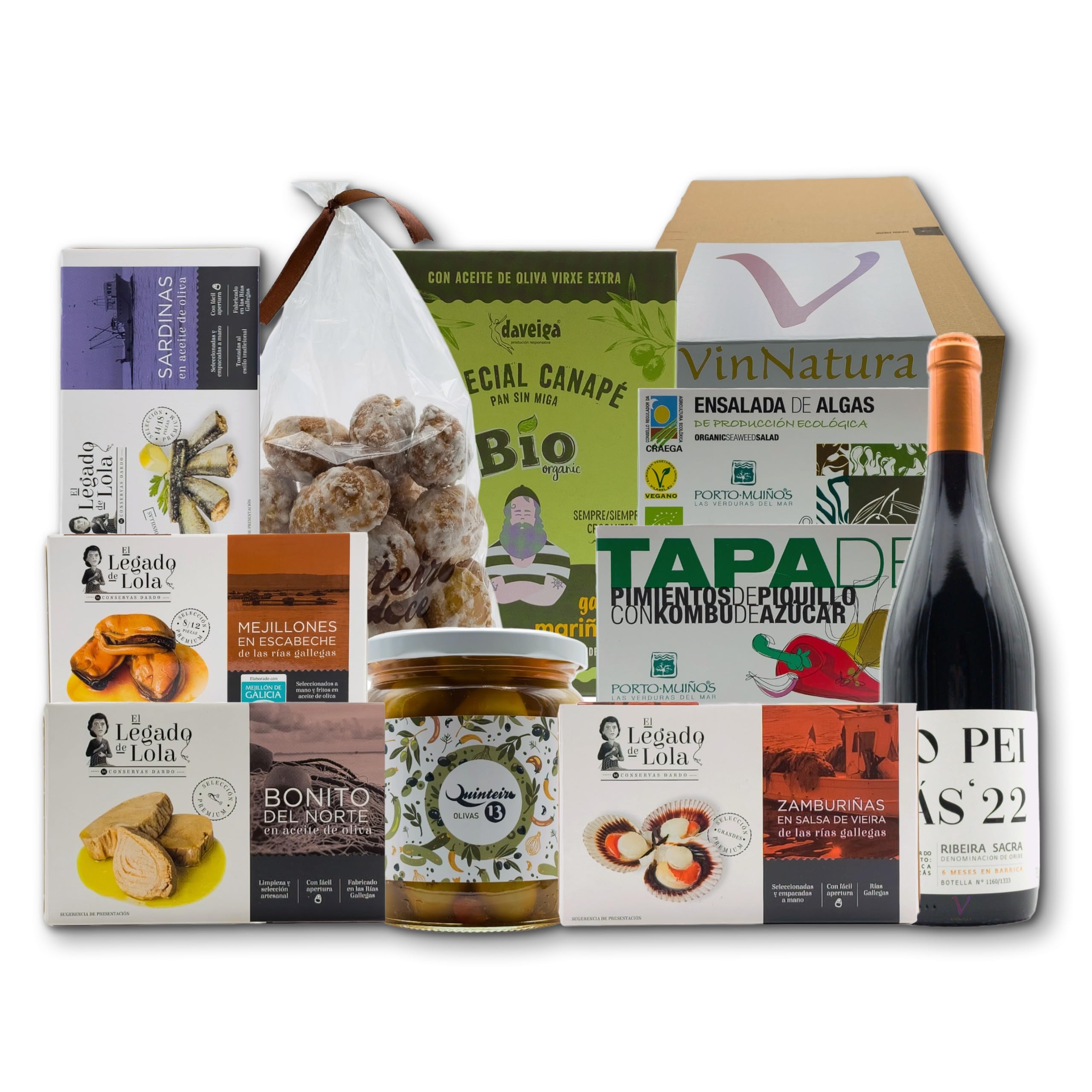 Cesta Gourmet Rodas de VinNatura con Conservas Artesanales y Vino Mencía | Regalo gourmet gallego, regalos de empresa, cesta con vino, elaboración tradicional, tarjeta personalizable