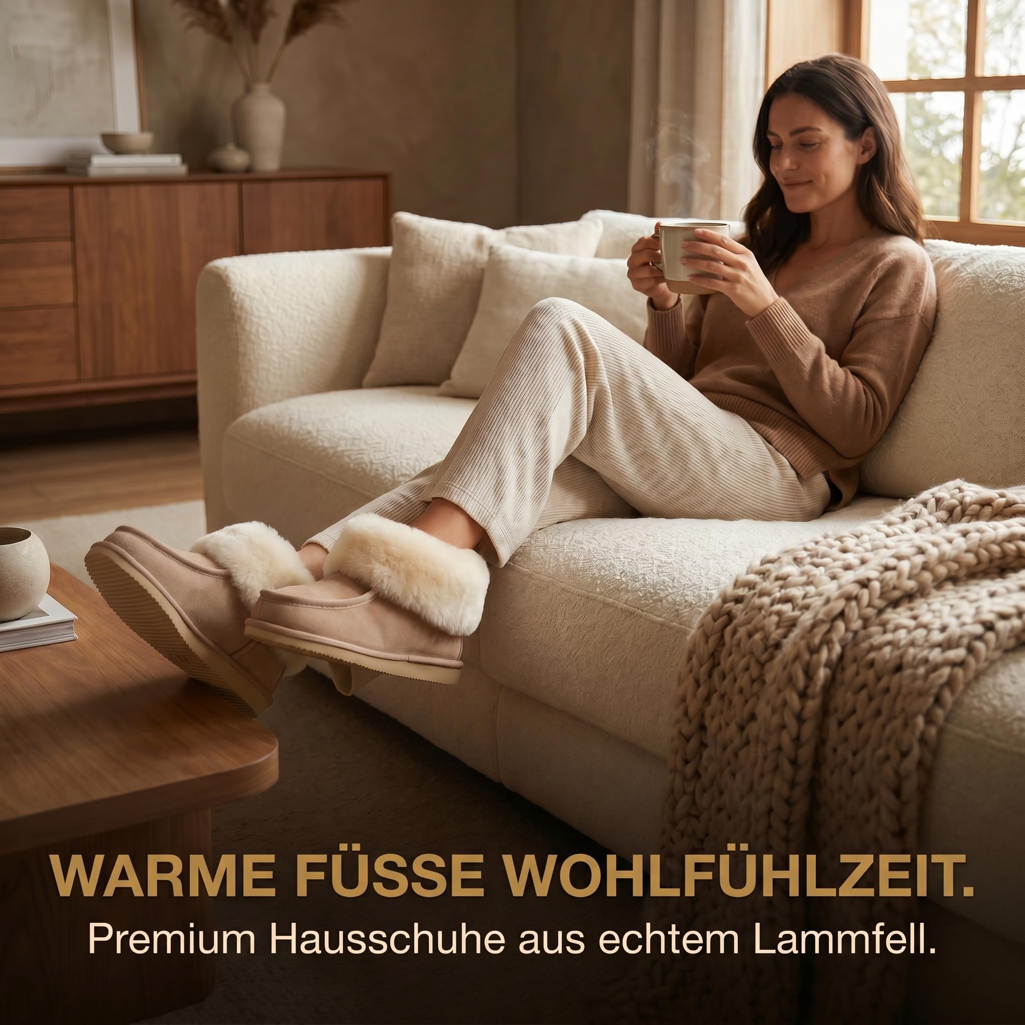 Rohn Moden Lammfell Hausschuhe für Damen und Herren – Puffin – Warme Hausschuhe mit Schaffell & rutschfester EVA-Sohle – Winter Pantoffeln für zuhause – Slipper gefüttert - Braun