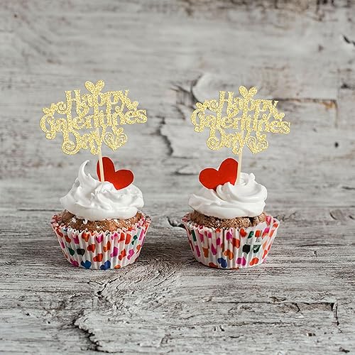 Miniatura 4 de Gyufise 24 piezas de decoración para cupcakes con purpurina dorada y corazón de amor dulce para el día de San Valentín, temática de San Valentín,
