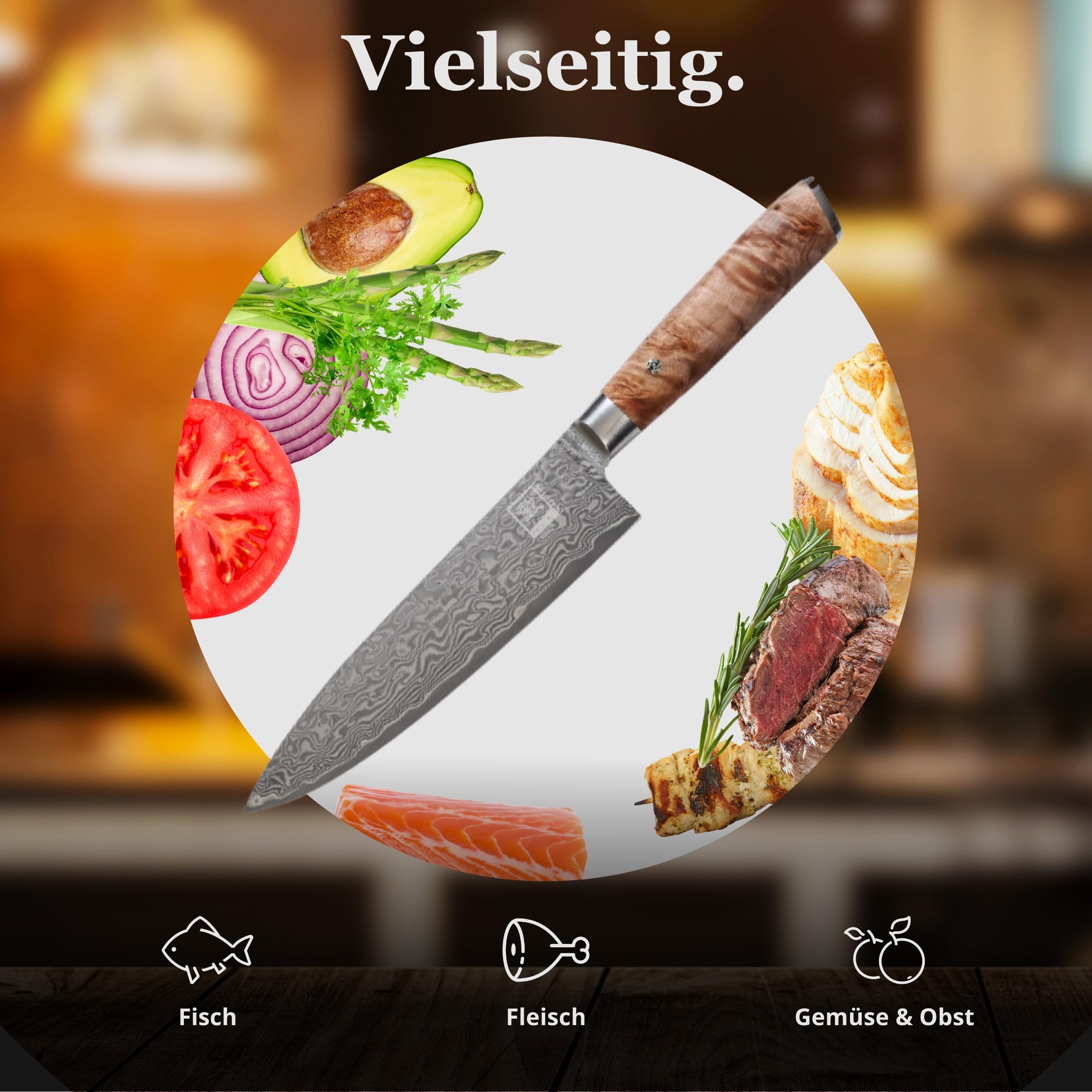 zayiko Kinone Premium Chefmesser mit 20 cm Klinge gefertigt aus 67 Lagen echtem Damaststahl mit Wurzelholzgriff Birke I Damastmesser Küchenmesser und Profi Kochmesser