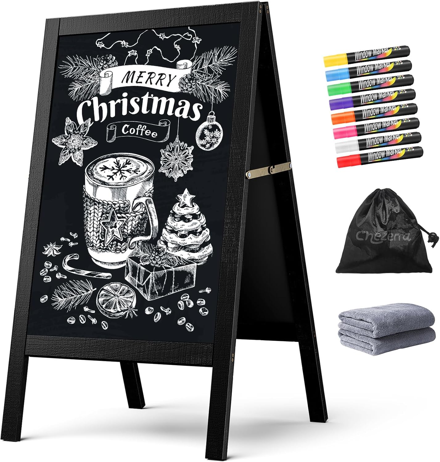 A Frame Chalkboard Sign, 40x20 Extra Large Sidewalk Chalk Board, Wooden Standing ChalkBoards Set with Markers, Double-Sided Magnetic Blackboard for Cafés, Weddings, Party Guide, Black