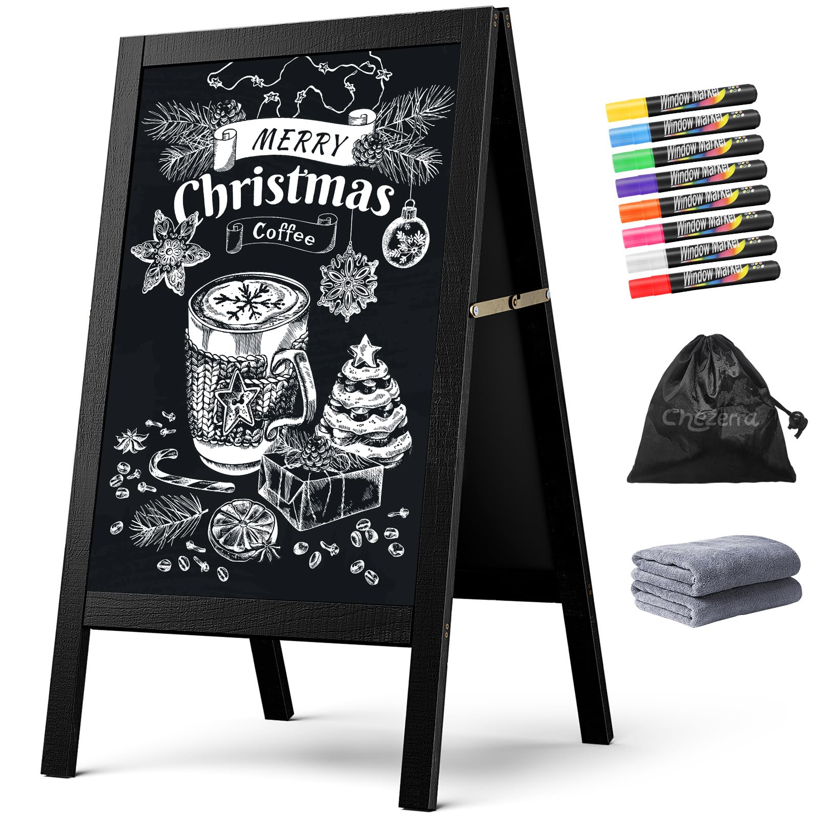 Chezerra A Frame Chalkboard Sign, 40"x20" Extra Large Sidewalk Chalk Board, Wooden Standing ChalkBoards Set with Markers, Double-Sided Magnetic