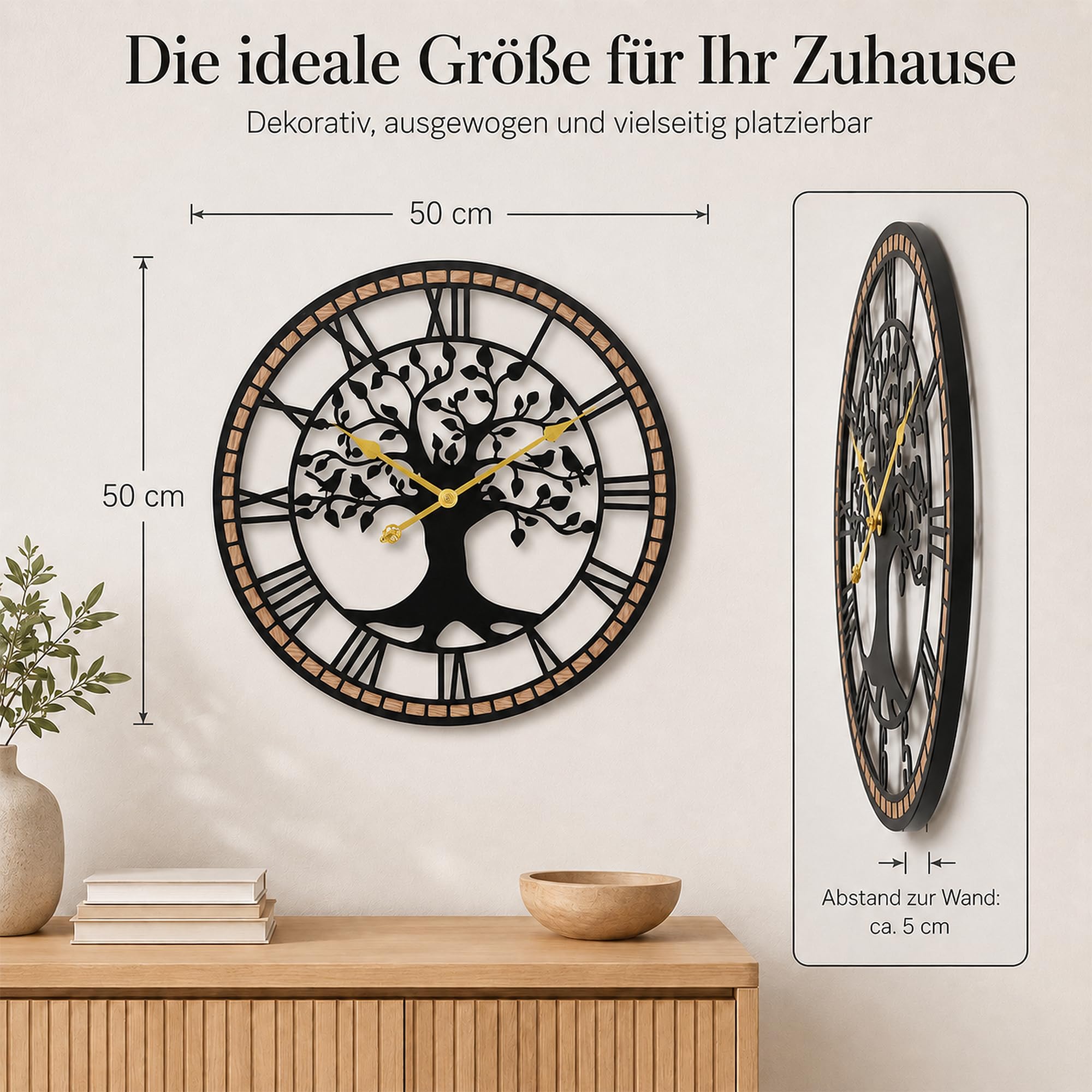 Wanduhr Groß,51/60/80CM Wanduhr Holz,Baum des Lebens und Holzrahmendesign,Stumm - Kein Tickendes Geräusch,für Esszimmer,Schlafzimmer,Küche,Büro,Wanduhr Wohnzimmer