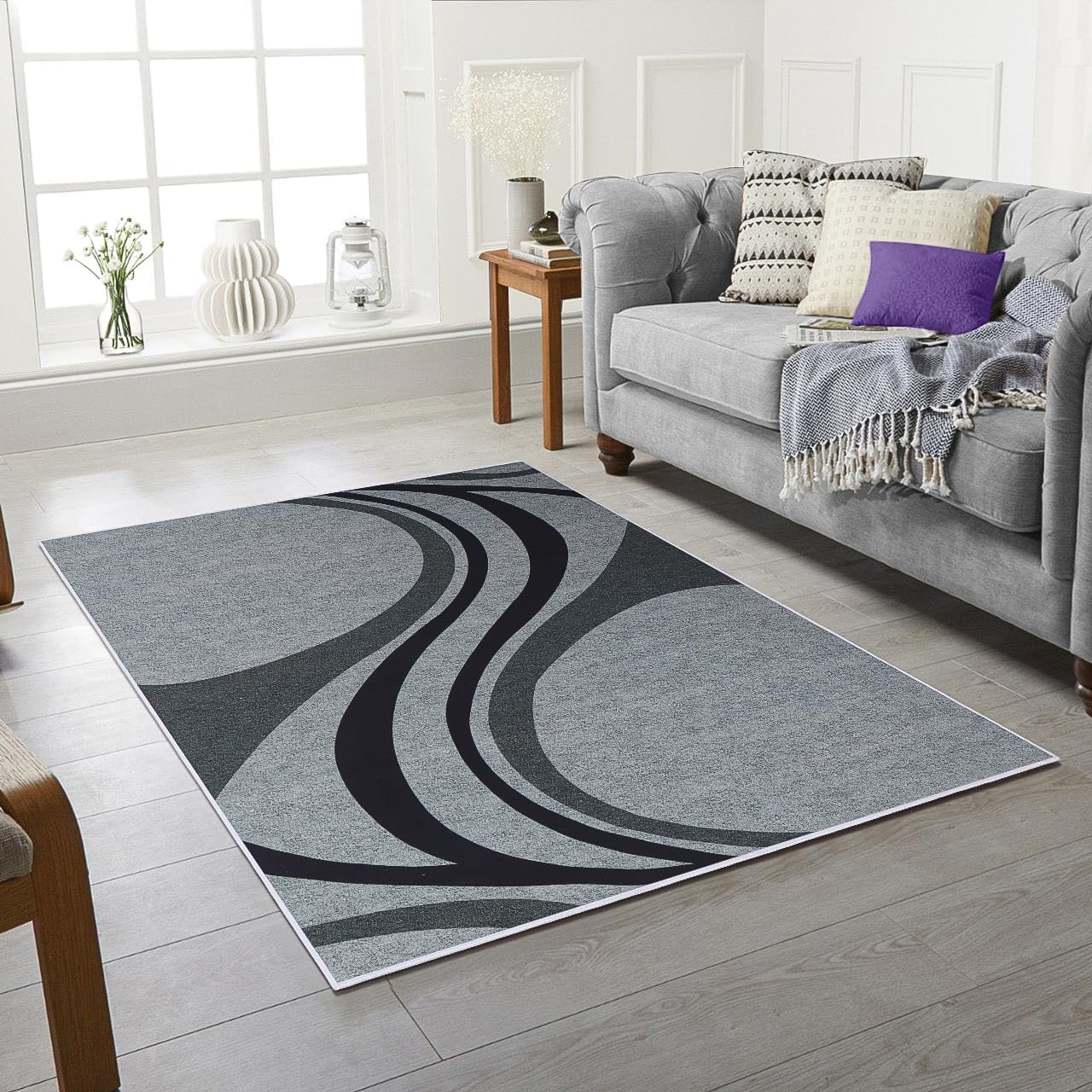 Washable Rugs for Living Room Black Grey Charcoal Modern Area Rug Non Slip Abstract Rug Large Rug for Bedroom Rug Soft Short Pile Carpet Rug for Home Décor-200 x 290 cm