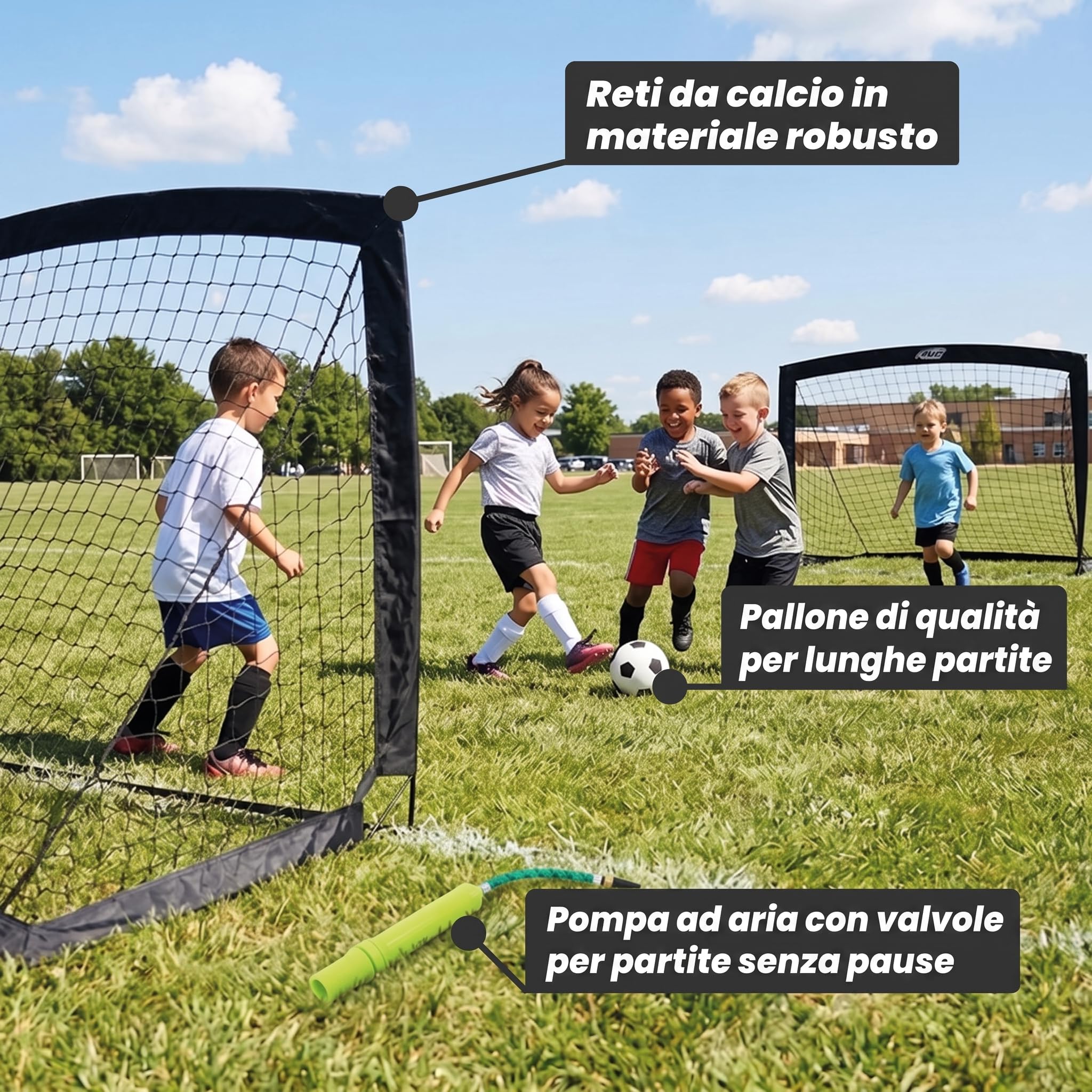 KYTO Set 2 Porte da Calcio Bambini con Rete, 90x120 cm | Struttura in metallo, ancoraggi a terra, pallone mini e pompa inclusi – ideale per giardino e parco