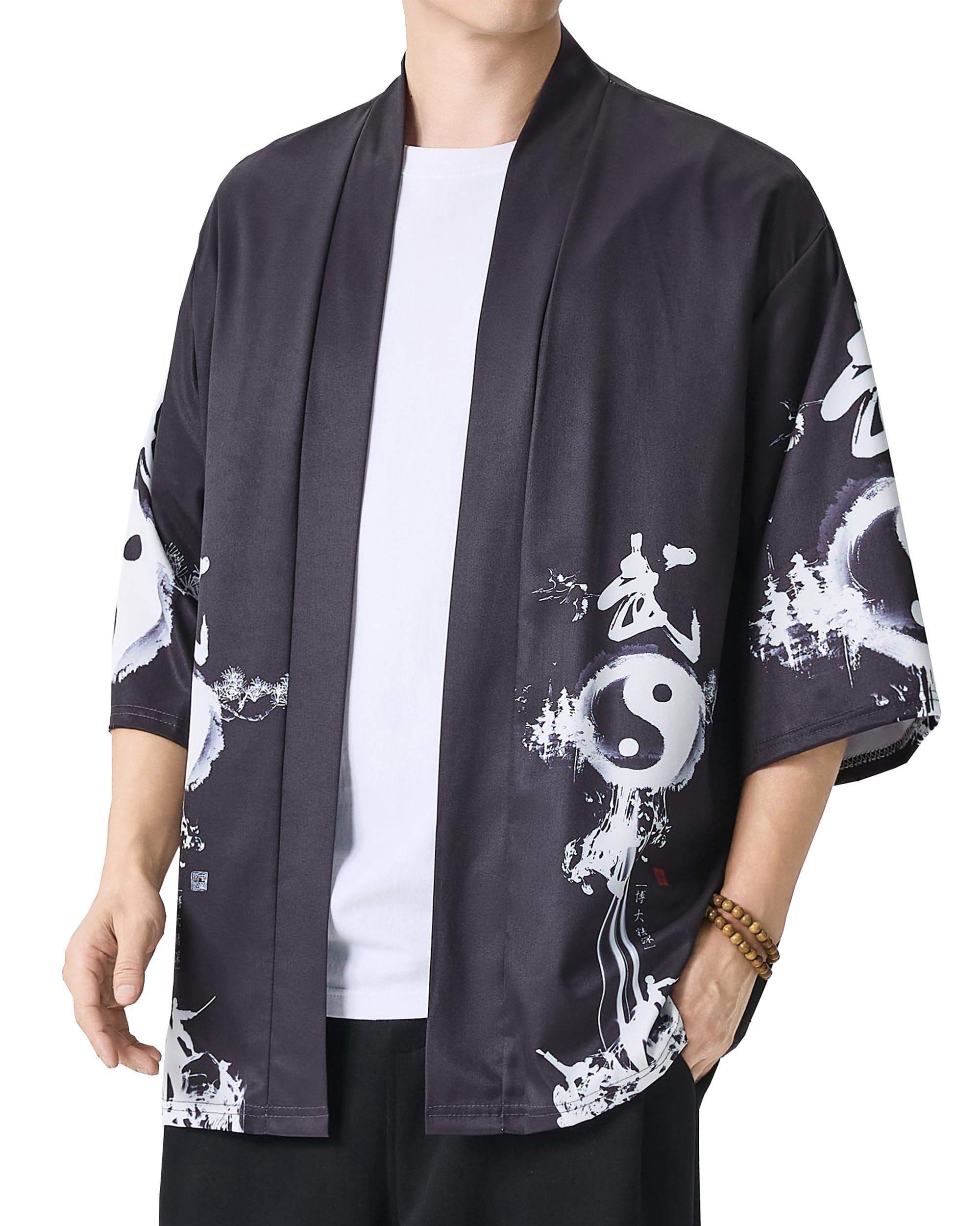 PRIJOUHE Men's Japanese Kimono Robe Jacket 3/4 Sleeve Open Front Yukata
