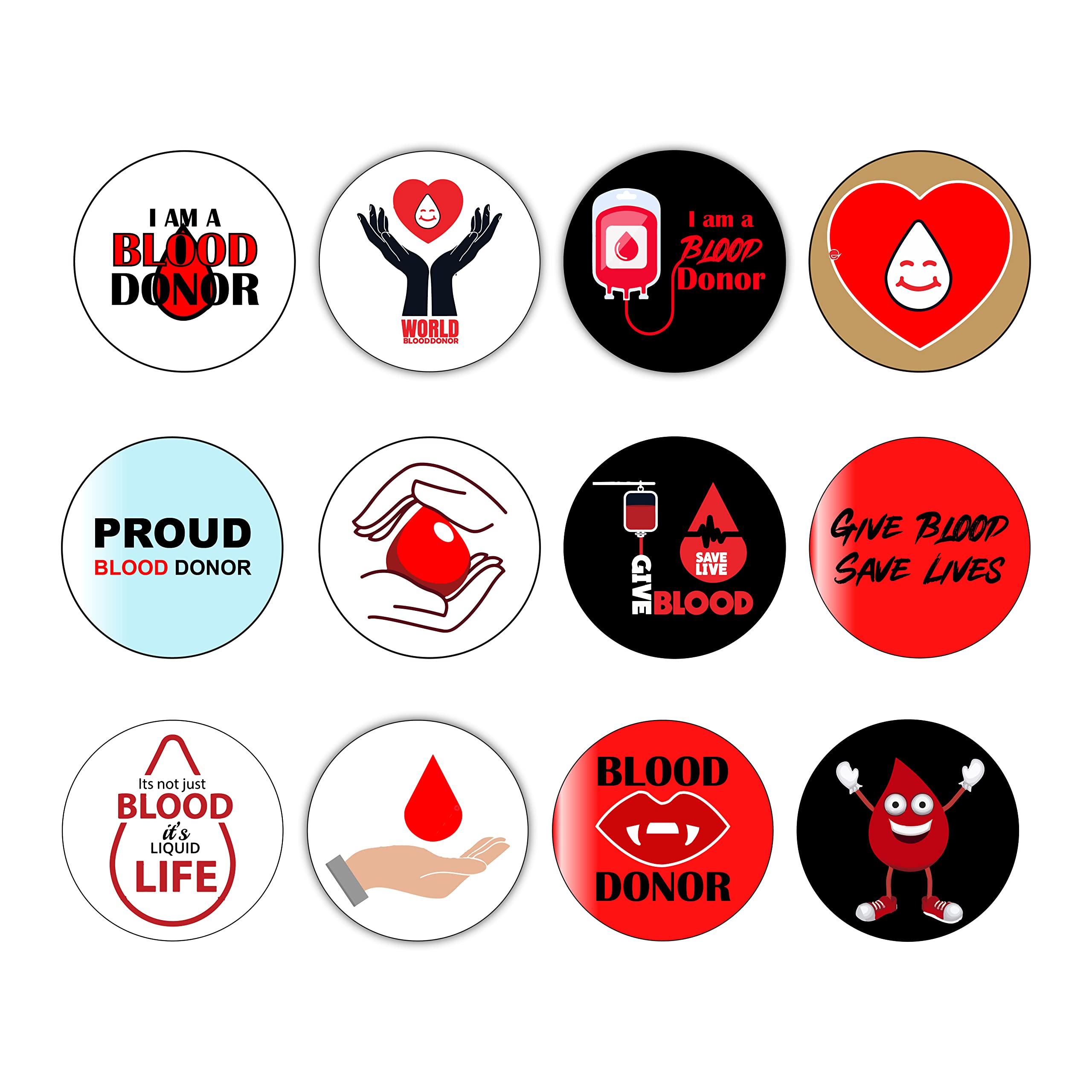 Blood Donation Awareness Novelty Button Badges Pins | 12 Various Designs | - 24 Pieces