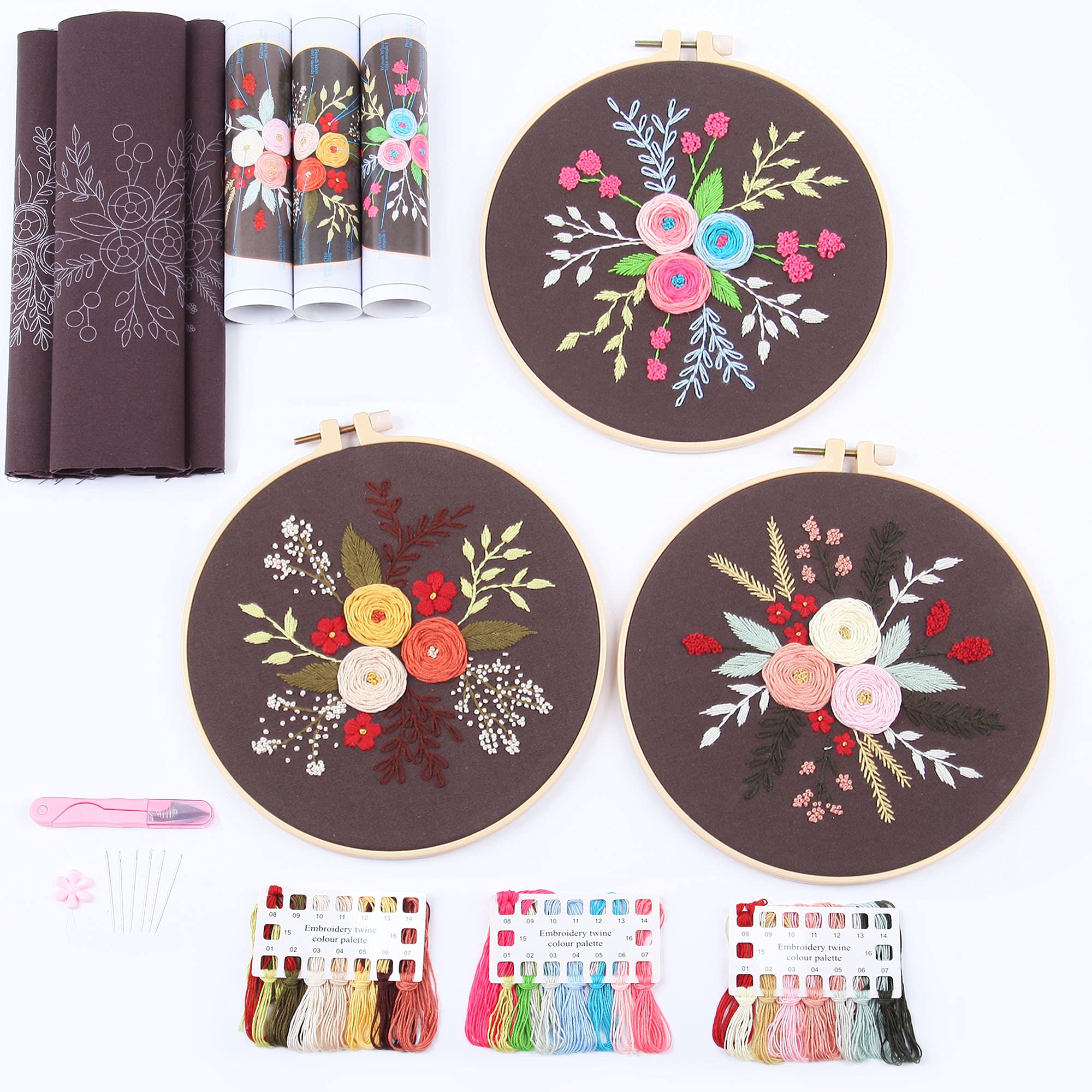 REEWISLY 3 Pack Embroidery Starter kit with Patterns and Instructions, DIY Adult Cross Stitch Kits Beginner, Including 3 Plastic Embroidery Rings, 1 Scissors, Colored Threads and Needles