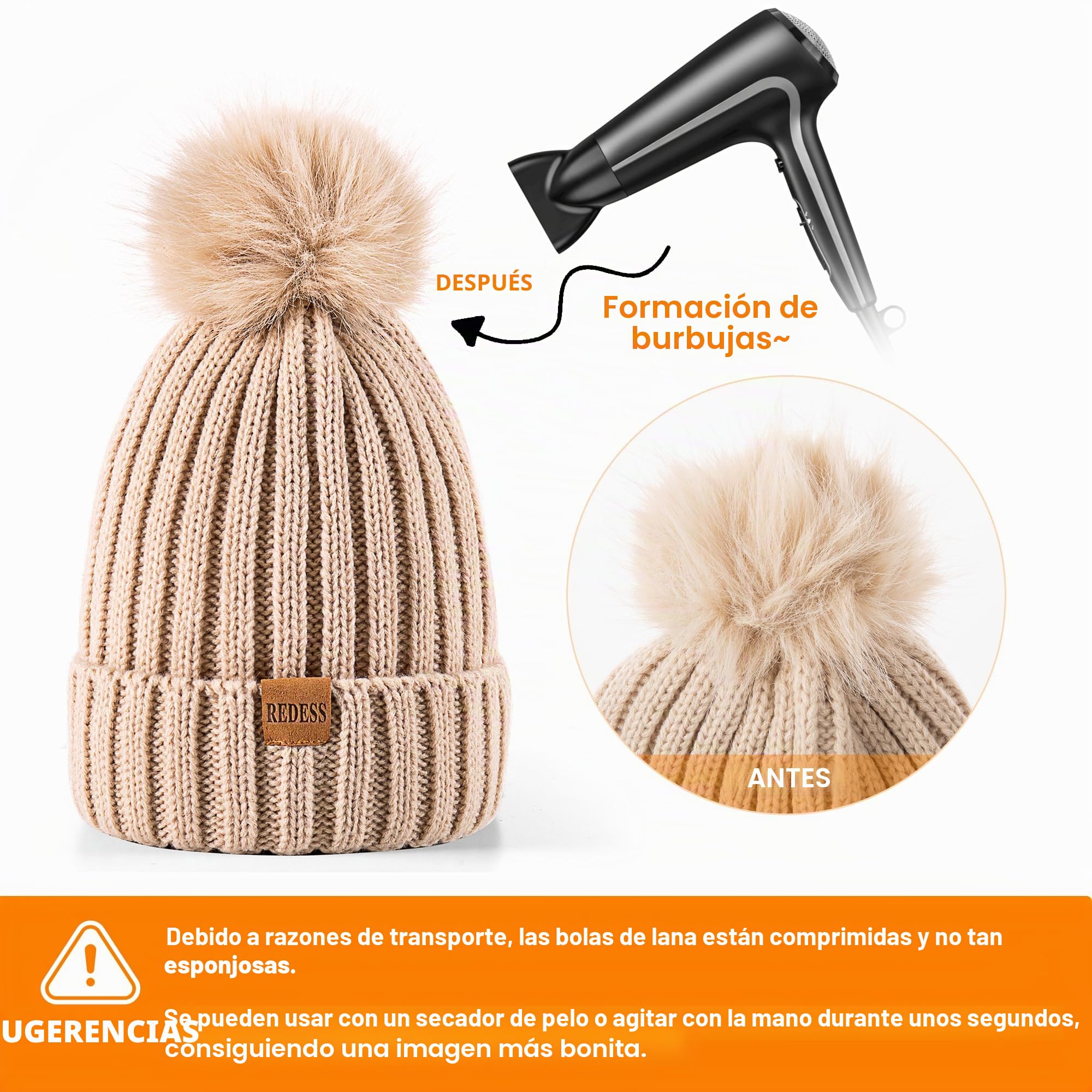 REDESS Womens Winter Knitted Beanie Hat Warm Fleece Lined with Pompom Cap Thick Slouchy Snow Knit Skull Cap