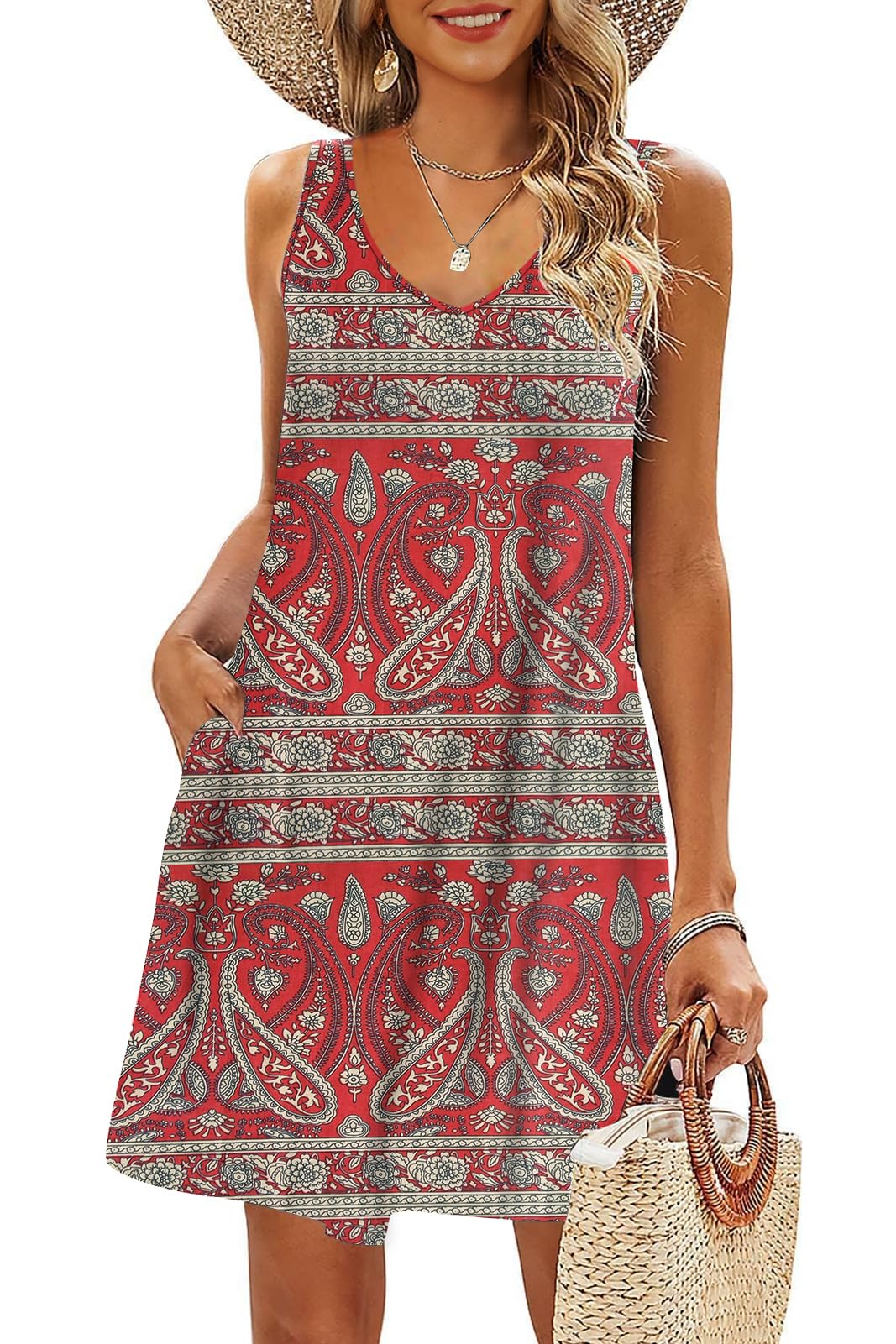 AUSELILY Camiseta Informal de Verano para Mujer Vestidos de Playa Vestido Sin Mangas Plisado Liso