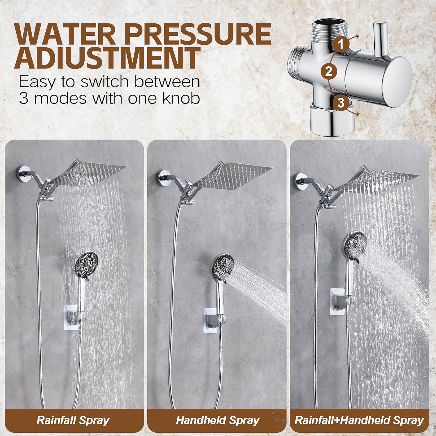 Shower Head,10”Rain Shower Head with Handheld Spray Combo and Adjustable Extension Arm/3-Way Flow Regulator/Shower System,High Pressure Rain Fall Hose,Chrome image 3