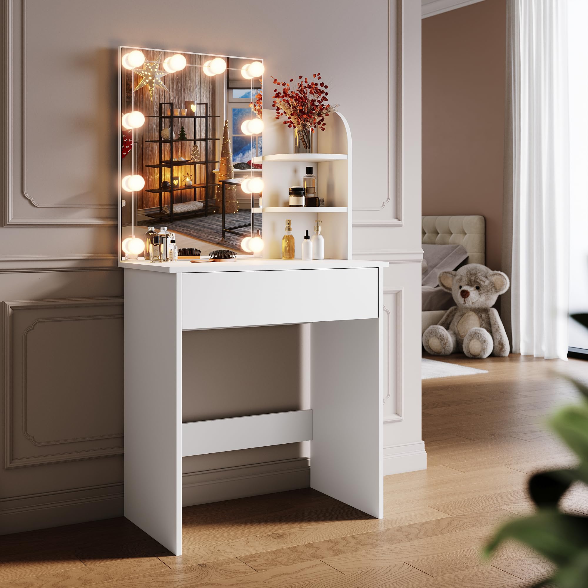 SONNI Dressing Table with LED Lighting and HD Mirror, with 10