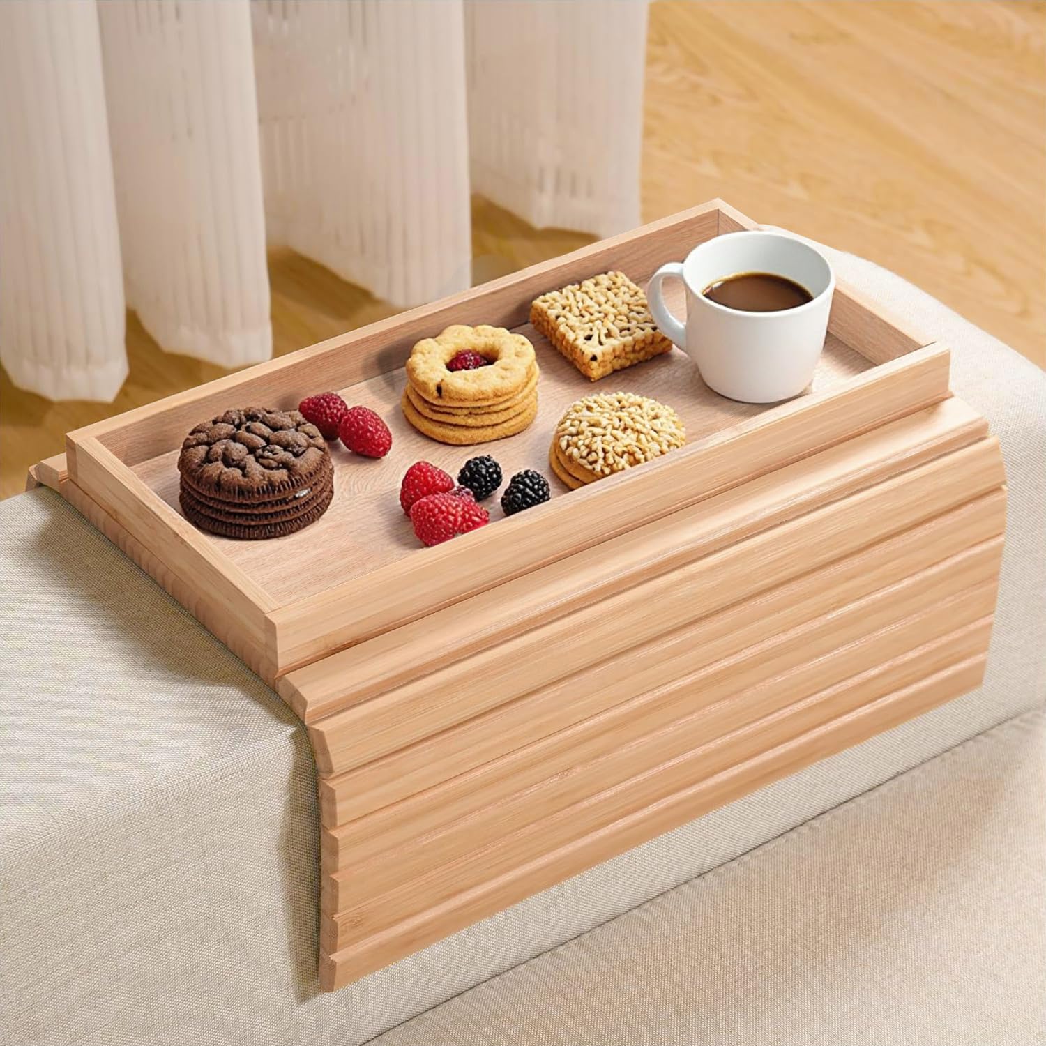 Bandeja para apoyabrazos de sofá Lighterday, bandeja de bambú plegable para sofá, bandeja antideslizante para apoyabrazos de sofá, bandeja para sillón para snacks, teléfono, bebidas y tazas