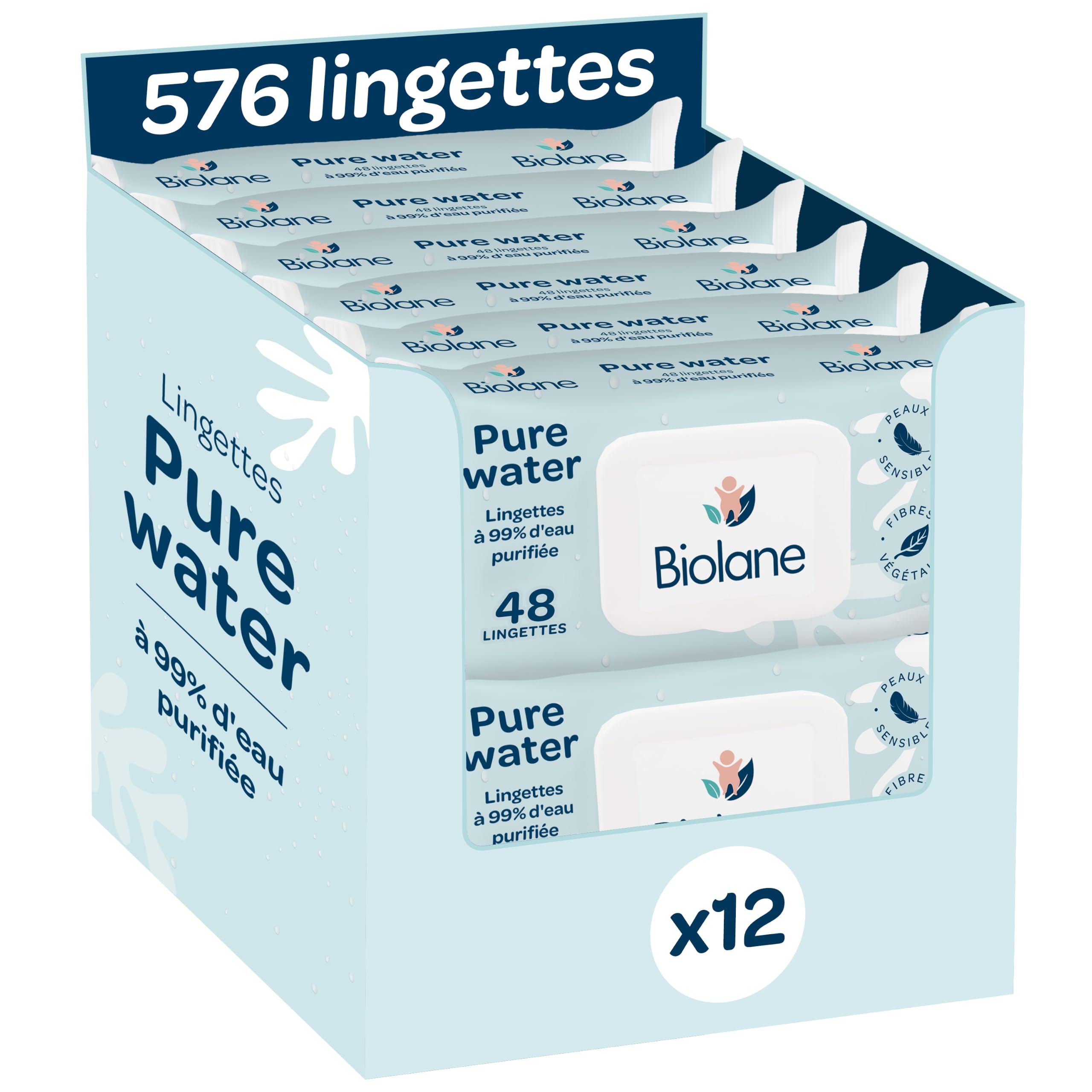 BIOLANE - Baby-Feuchttücher mit 99,9% Wasser - Pure Water - Packung mit 12 x 48 (576 Feuchttücher) - Für empfindliche Haut - Ab der Geburt - Duftfrei - Wechseln und Reinigungspflege