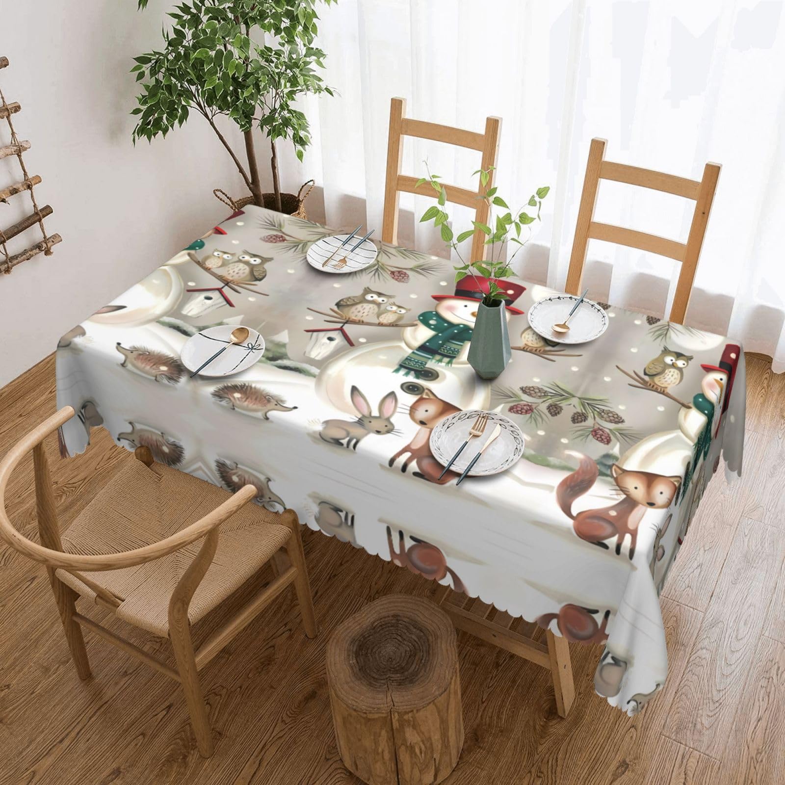 LPLSNWS Owl standing on snowman Patterned square lace tablecloth, oil-resistant, washable, suitable for home use as a dining table cover.