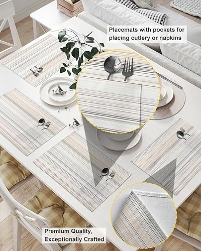 Miniatura 2 de Juego de 4 manteles individuales para mesa de comedor, diseño de rayas bohemias, manteles individuales de algodón y lino con bolsillo, arpillera