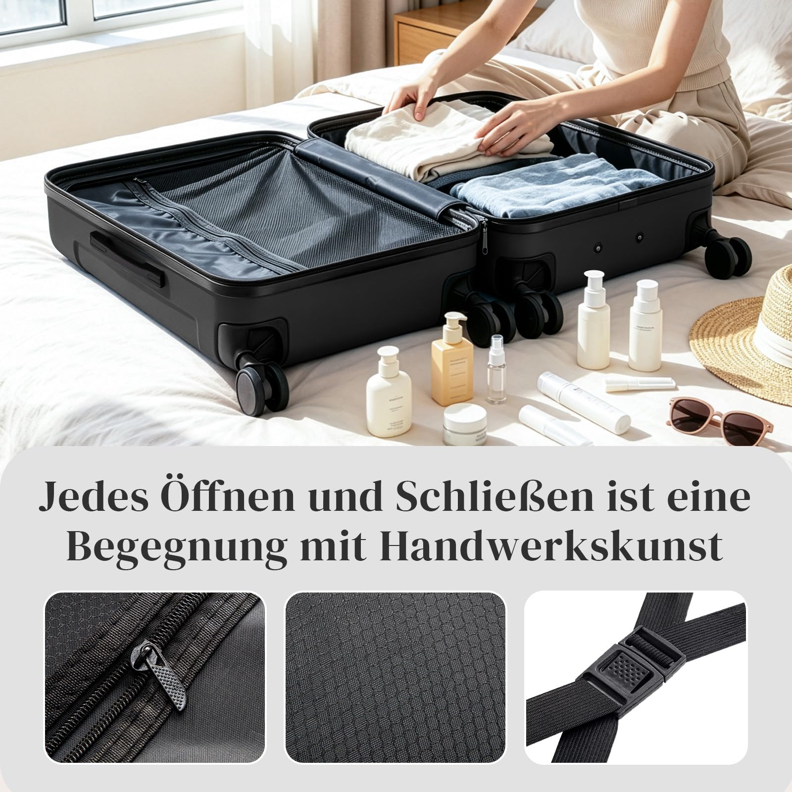 LEADZM Handgepäck Koffer mit Kosmetikkoffer, Koffer Set 2 teilig Hartschale mit verstärkten Ecken, Kofferset aus ABS, Reisekoffer, Hartschalenkoffer Set, Koffer & Trolleys (Schwarz)