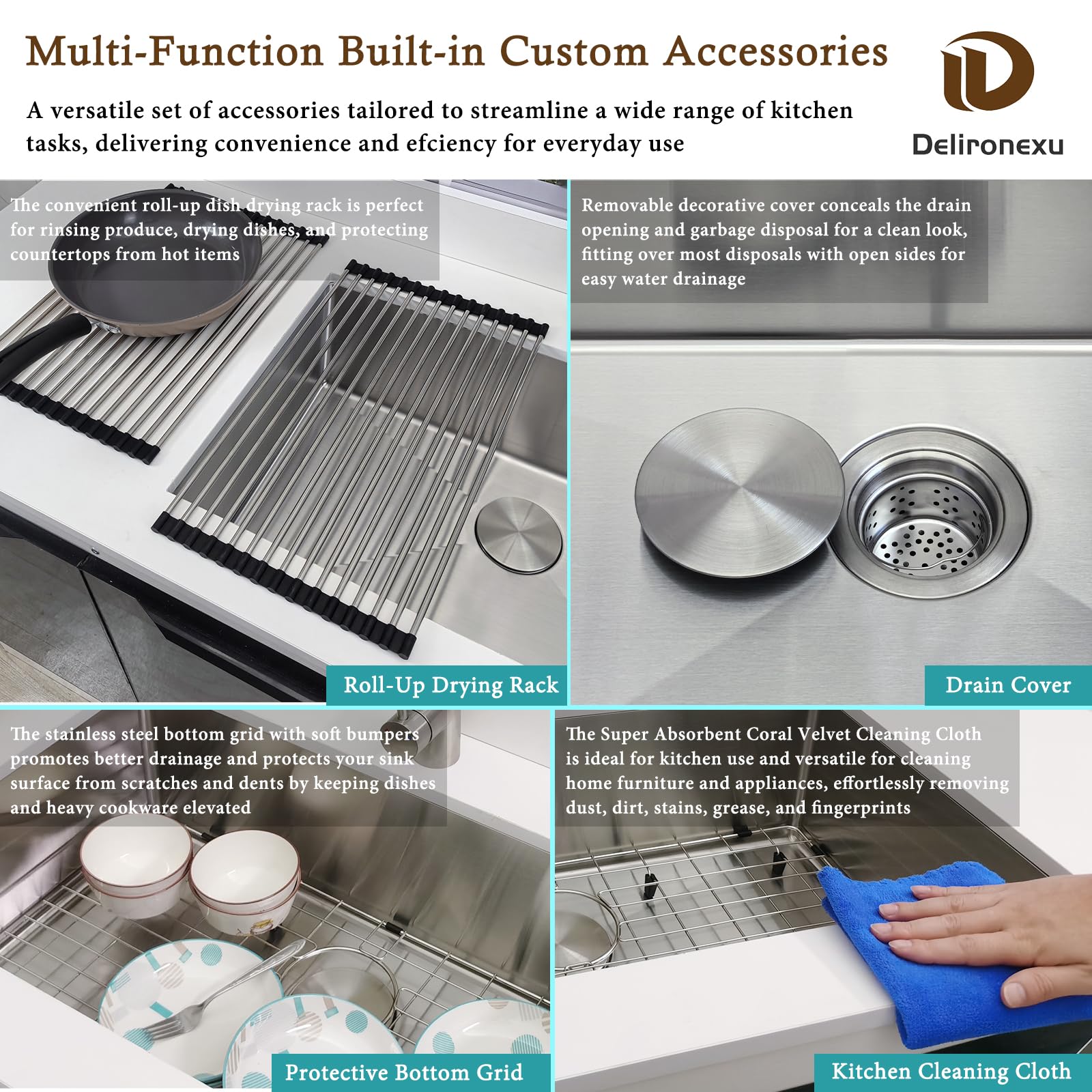Delironexu - Lavello da cucina da 81 cm, in acciaio inox calibro 16, vasca singola, 81 x 45 cm, con finitura spazzolata, include 4 accessori
