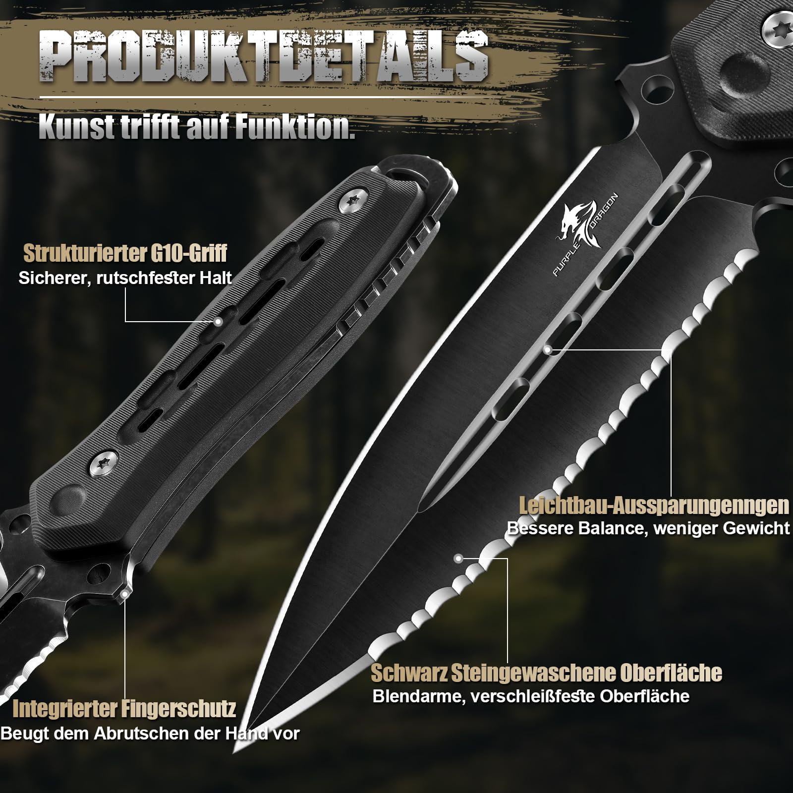 Purple Dragon Survival Messer mit Scheide - Jagdmesser Schwarz mit Feststehende Klinge - Outdoor Messer für Camping Jagd Wandern Abenteuer - Geschenk für Männer