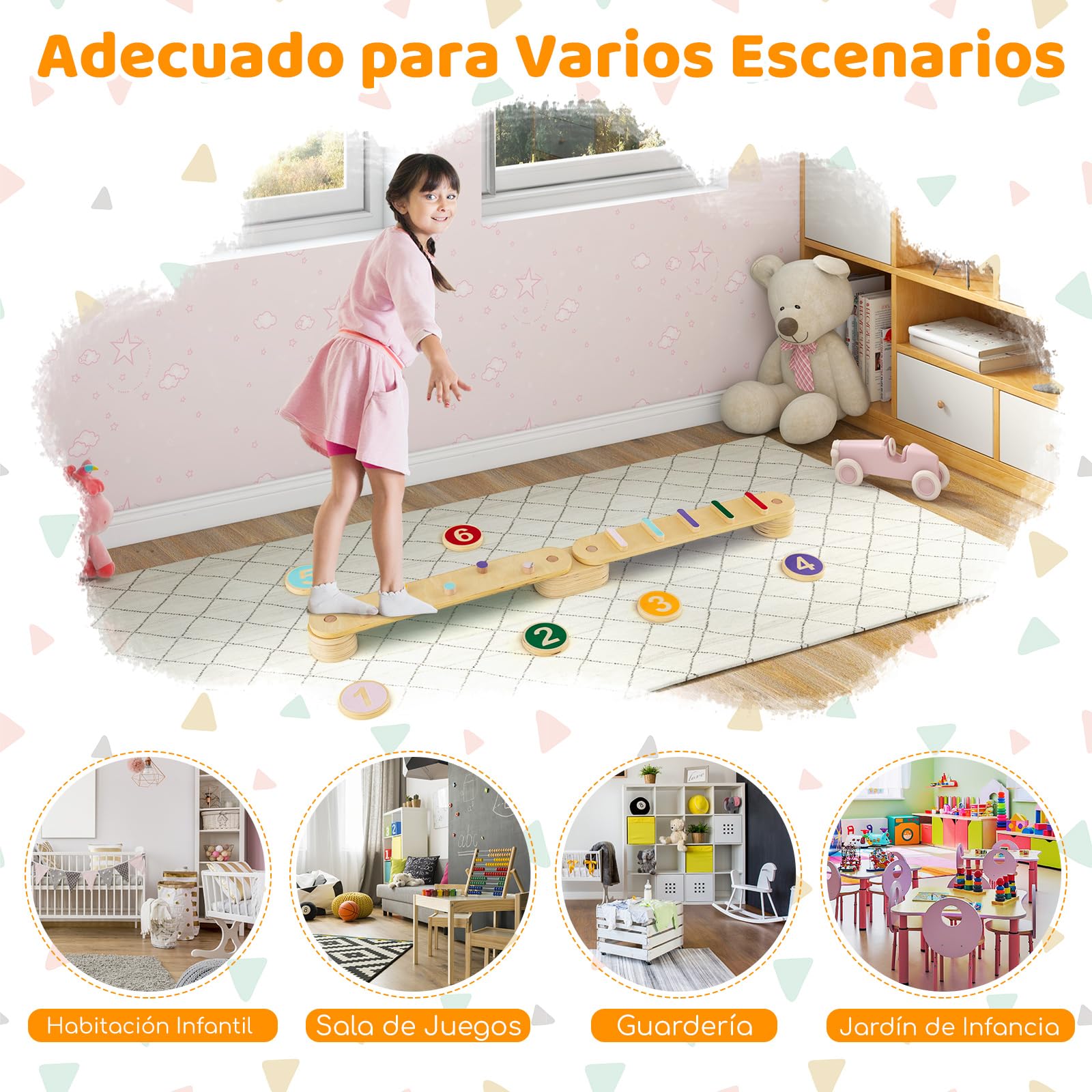 COSTWAY Barra de Equilibrio de Madera Montessori con Piedras, Juguetes de Equilibrio para Interiores