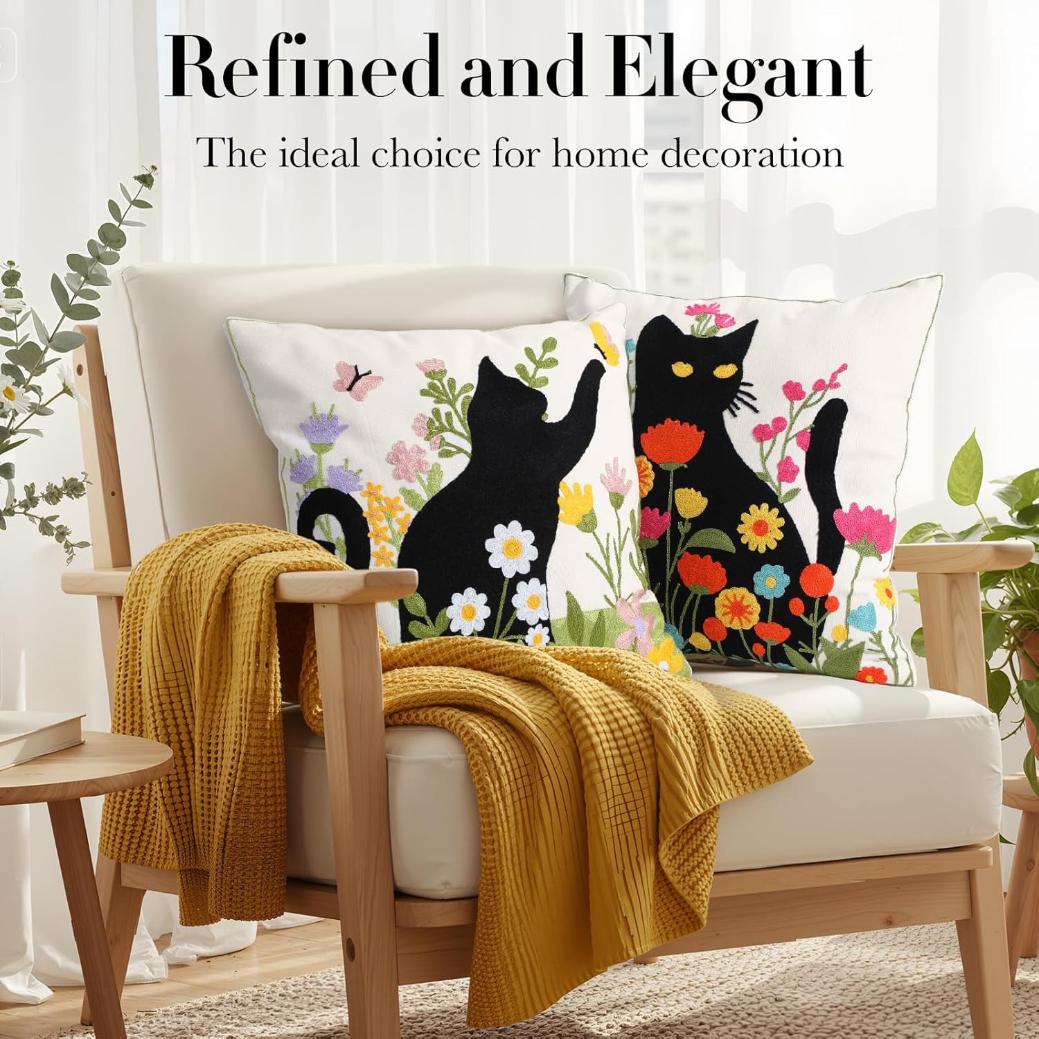 Peryiter 2 Pack Black Cat Embroidered Throw Pillow Covers 18x18 Floral Decorative Pillow Covers with Zipper Summer Aesthetic Farmhouse Boho Cozy Throw Pillowcases for Living Room Couch Sofa Bed - Image 5